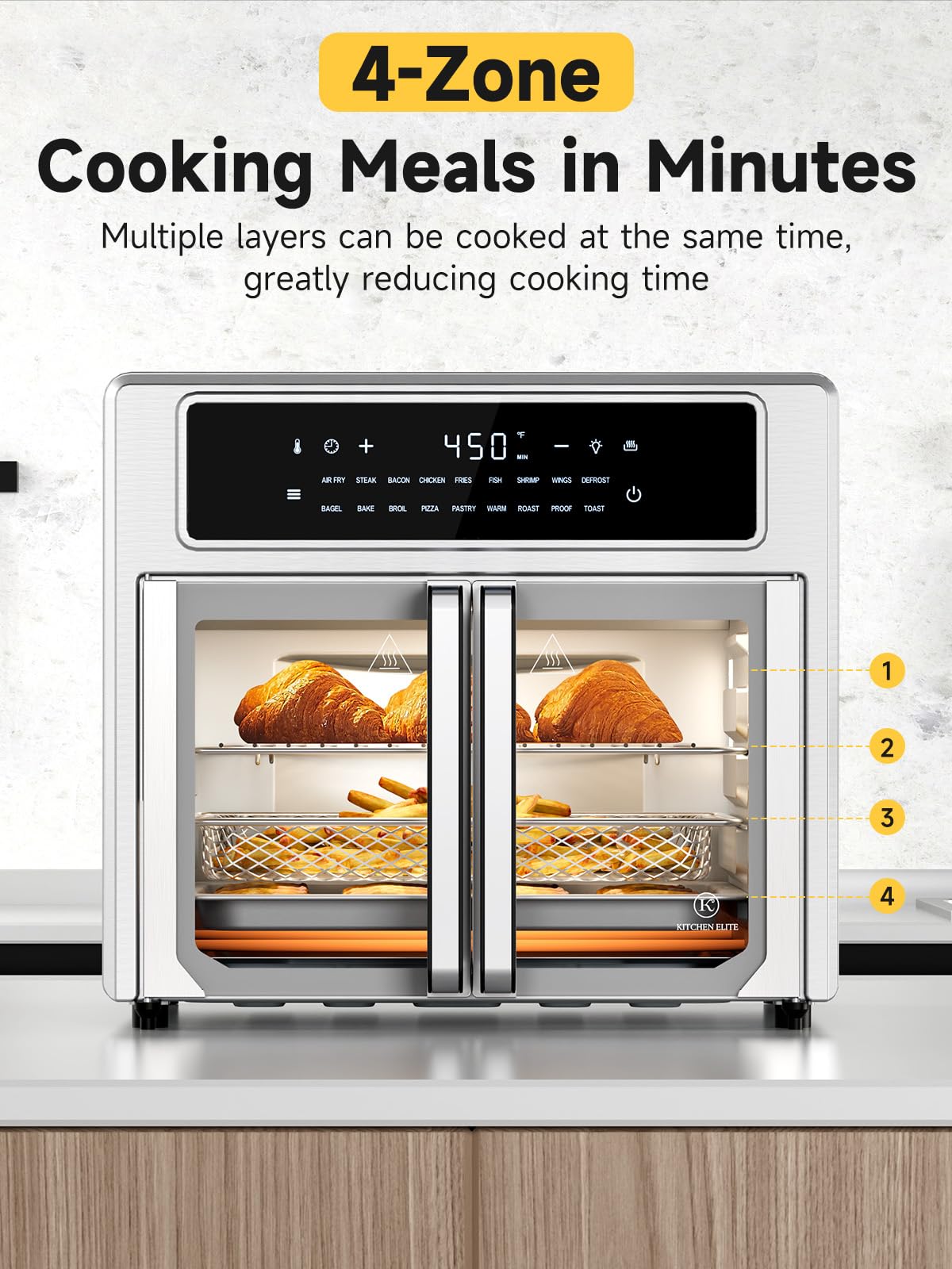 Kitchen Elite® 26.4 Qt Air Fryer Toaster Oven Combo - Large Countertop French Door Oven with 18 Presets, Preheat & Light Function, Multi-Layer Cooking, Easy Clean Stainless Steel - Perfect for Baking, Roasting, Air Frying & Family Meals