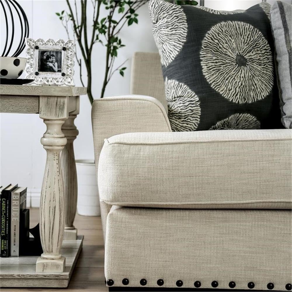 Furniture of America Mystie Chenille Loveseat with Nailhead Trim in Ivory - Comfortable Small Sofa for Living Room, Apartment & Cozy Spaces