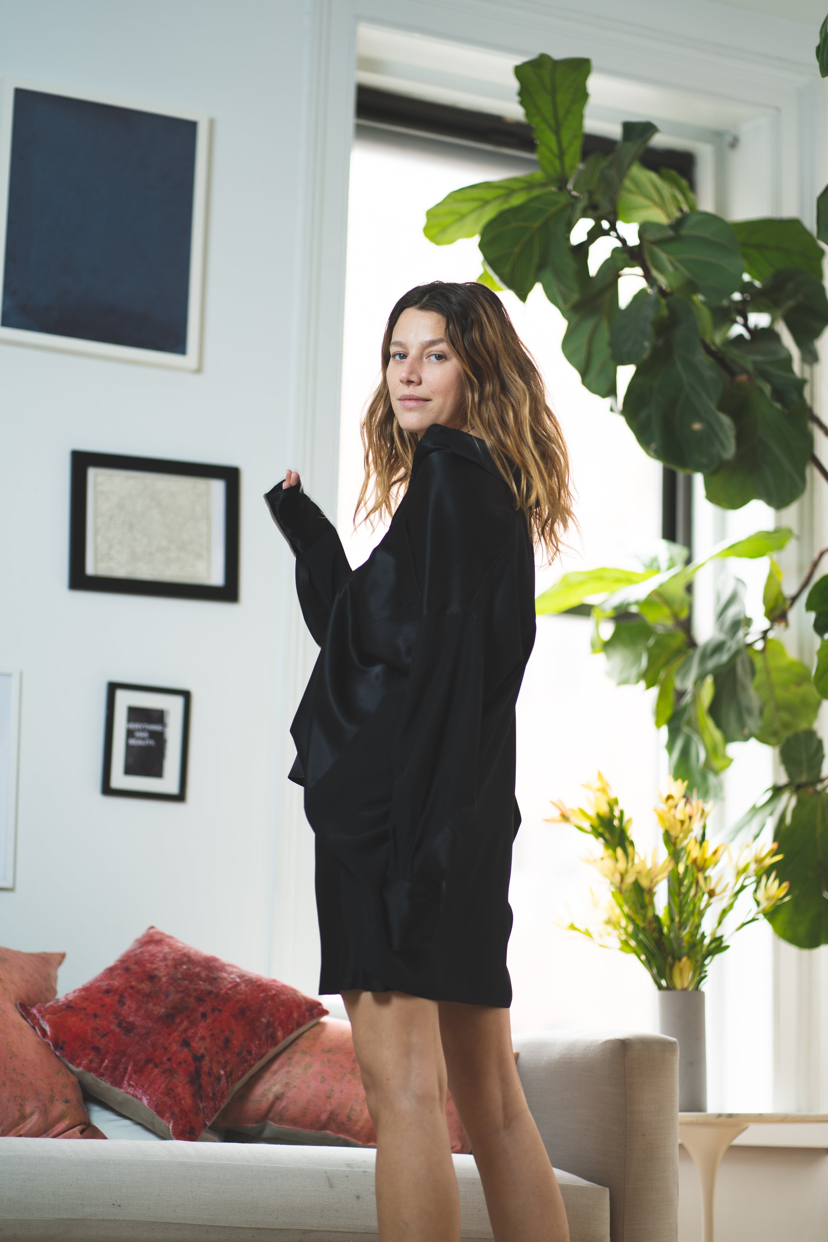 Oversized Button Down Silk Blend Shirt for Women - Black | Elegant & Comfortable Blouse for Work, Office, and Casual Outfits