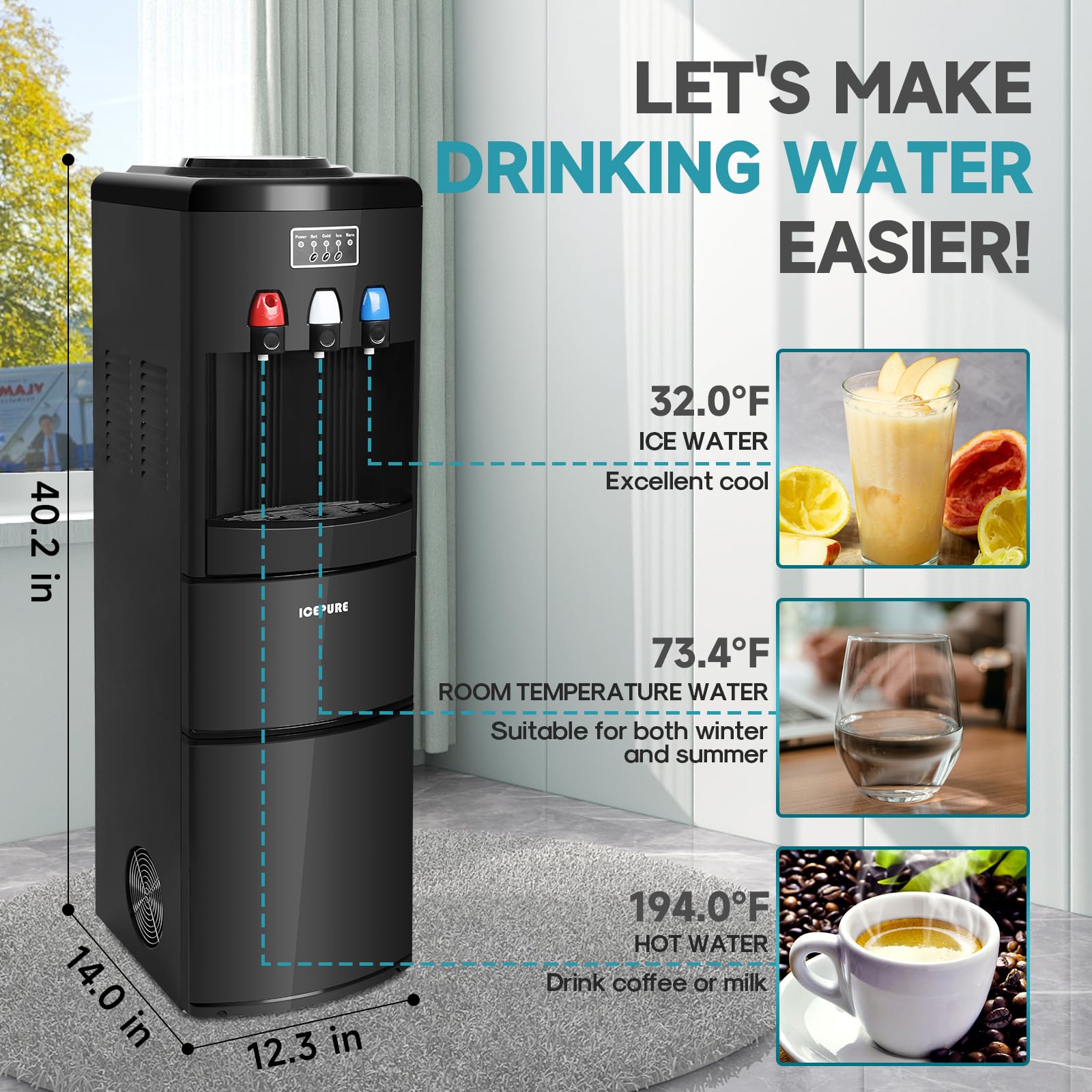 ICEPURE 3-in-1 Countertop Water Cooler Dispenser with Built-In Ice Maker - Hot, Cold & Room Temperature Water + Bullet Ice - Top Loading for 2/3/5 Gallon Bottles - 26.5 Lbs Daily Ice Production - Child Safety Lock - Black - Perfect for Home, Office & Kitchen Use