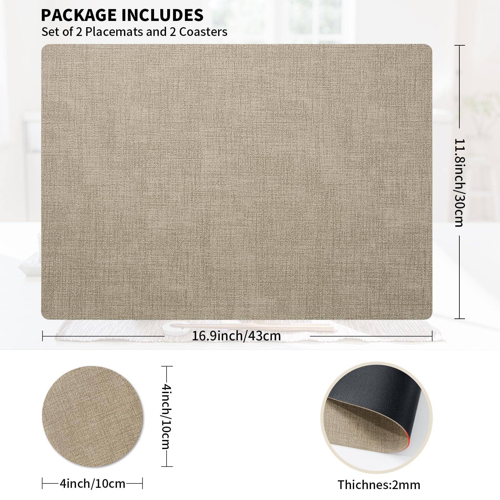 2-Pack Heat & Stain Resistant Placemats Set with Coasters - Dual Sided Faux Leather Table Mats, Non-Slip Waterproof Oil-Proof, Washable & Wipeable for Dining Room, Kitchen, Patio, and Outdoor Tables