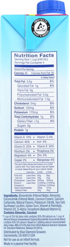 Blue Diamond Breeze Unsweetened Almond Coconut Milk - 32 oz (Pack of 2) | Dairy-Free, Vegan, Low-Calorie Plant-Based Milk Alternative for Coffee, Smoothies & Baking