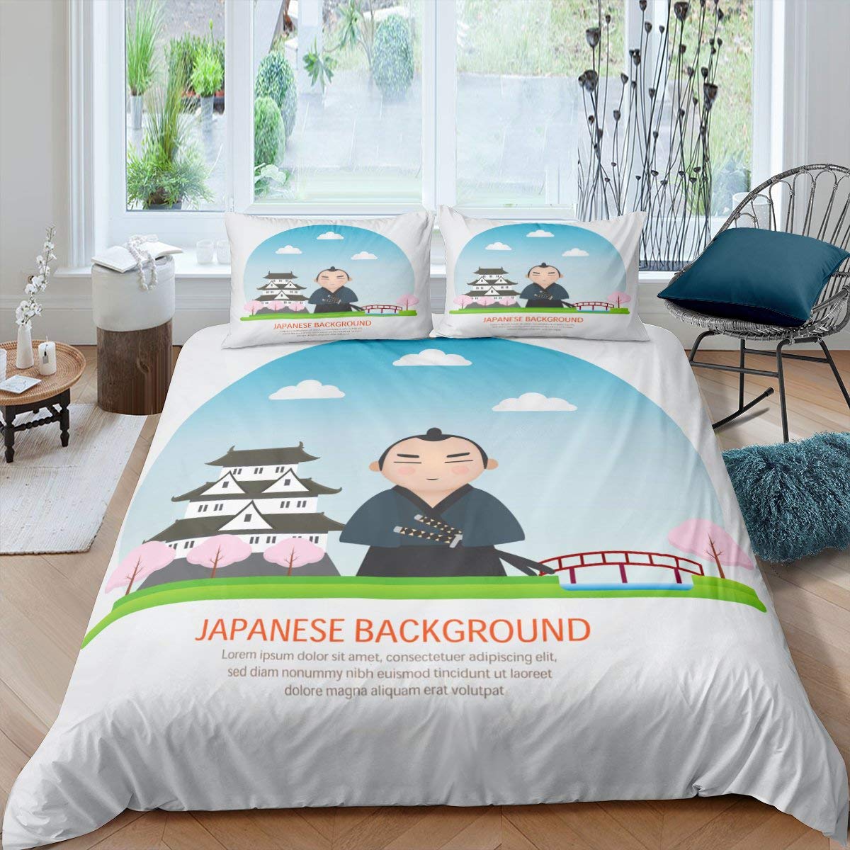 Japanese-Style Ninja Warrior Duvet Cover Set - Pink Floral Cartoon Quilt Cover with Tree & Blue Sky Design for Kids, Boys, Teens - Twin Size Bedding (2-Piece Set) - Perfect for Kids' Rooms, Dorm Decor & Themed Bedrooms