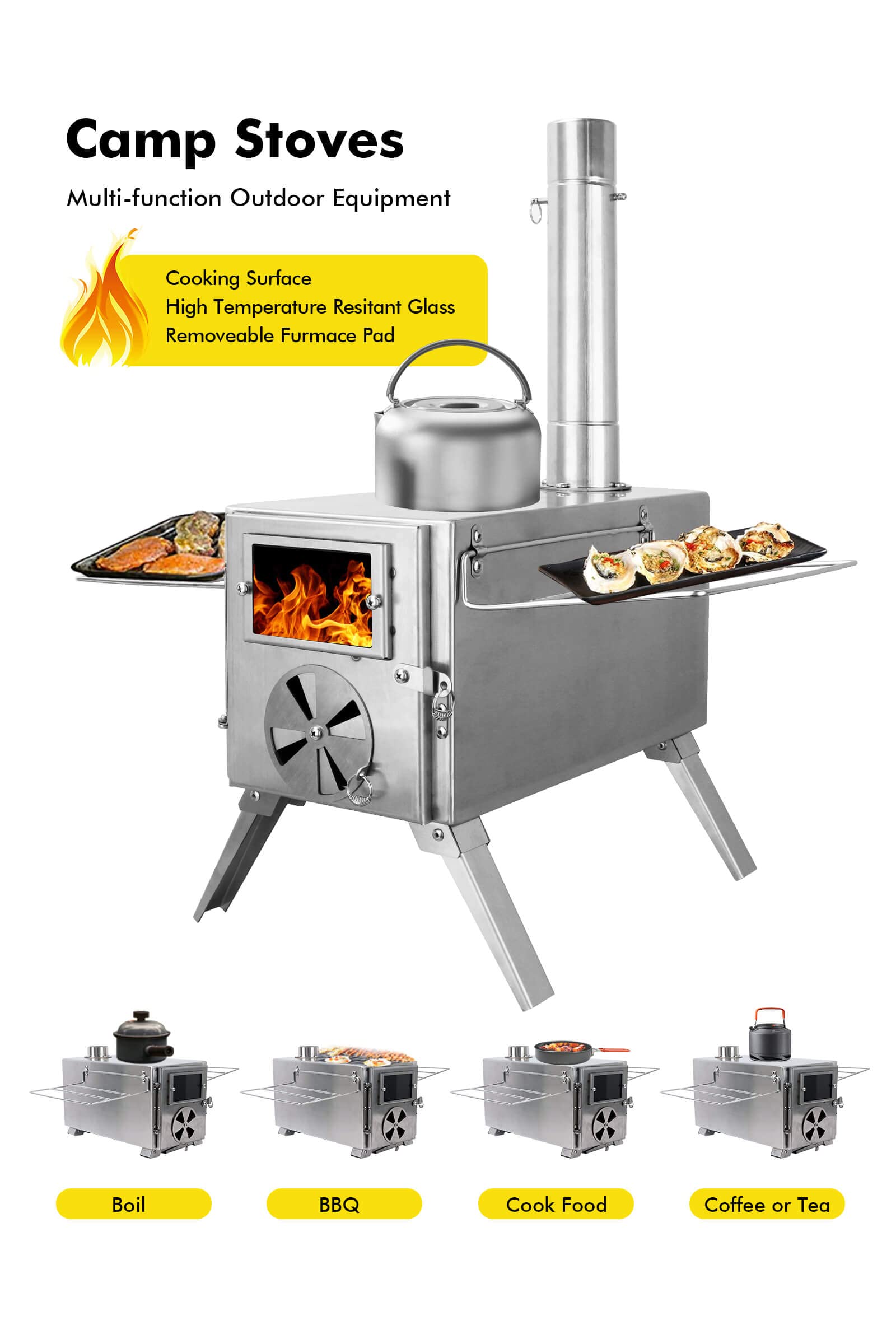 304 Stainless Steel Wood Burning Tent Stove with 7-Piece Chimney Pipe - Portable Camping Stove for Ice Fishing, Hunting, Hiking | Perfect for Winter Camping, Backpacking & Outdoor Adventures (Silver)