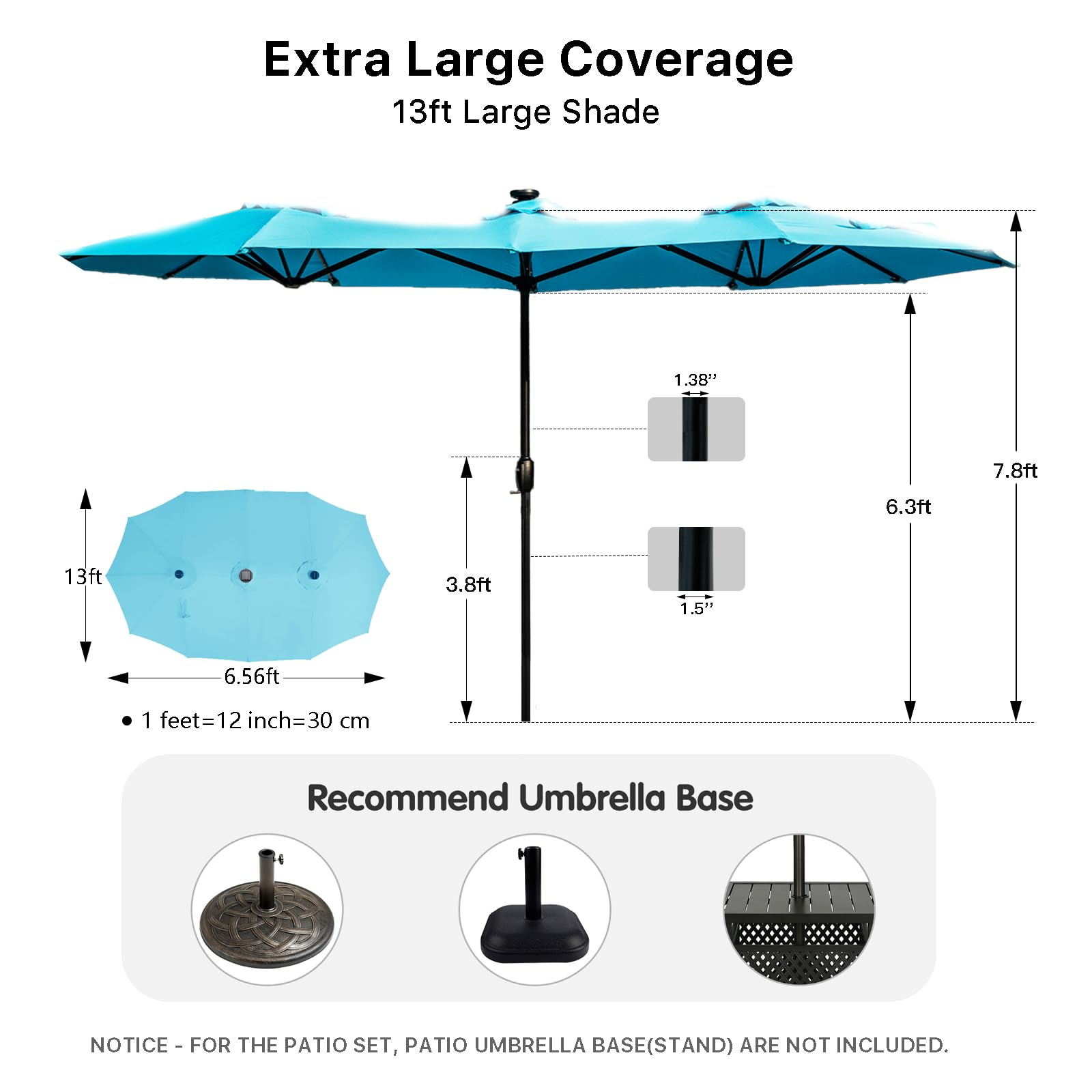 FREE SOLDIER 13ft Solar LED Patio Umbrella with 36 Lights - Double Sided Outdoor Sun Shade for Garden, Yard, Poolside - Perfect for Dining, Lounging & Outdoor Entertaining (Turquoise)