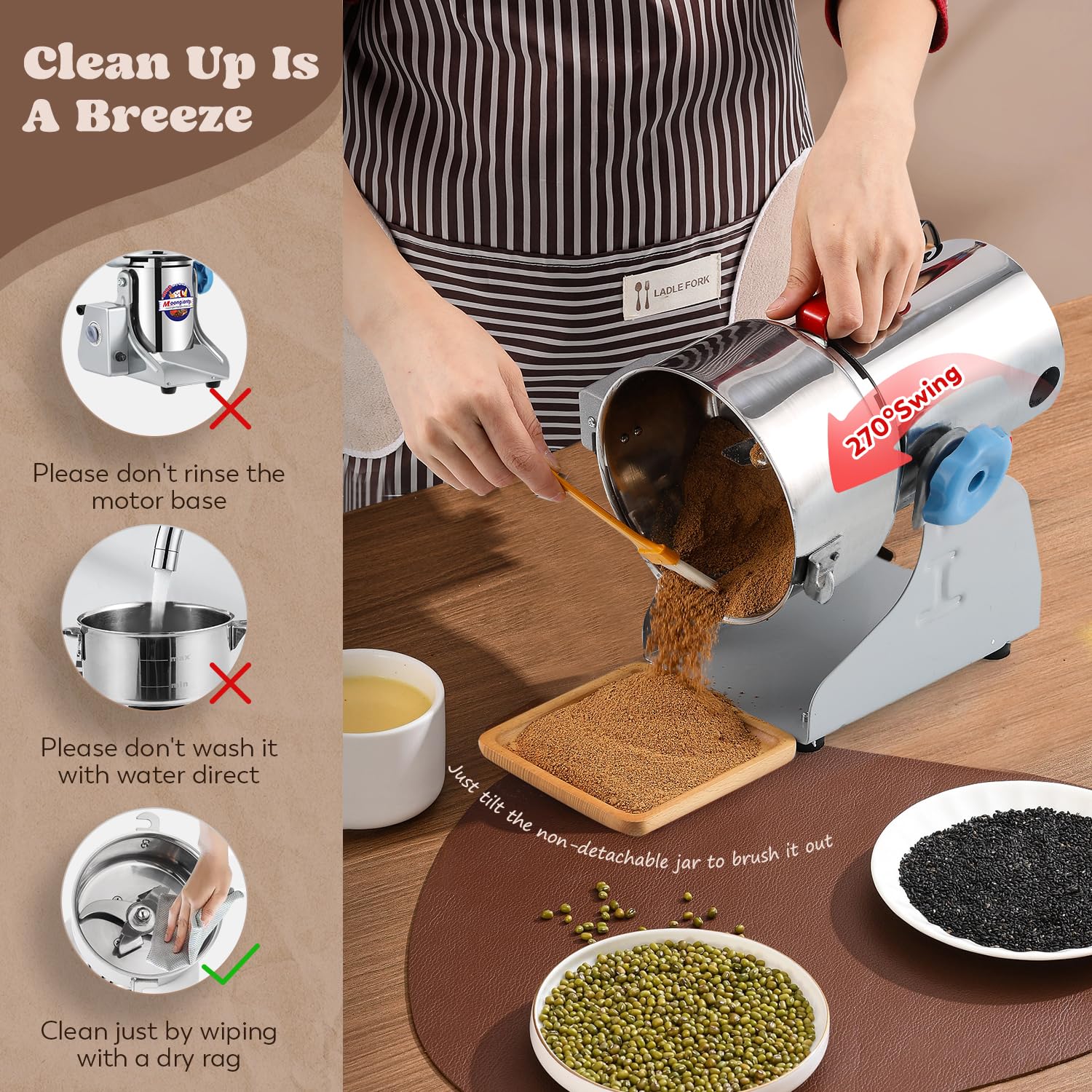 Moongiantgo 800g 2600W High-Speed Electric Grain Grinder - Stainless Steel Dry Spice Mill for Wheat, Corn, Rice, Coffee Beans & Herbs - 110V Commercial & Home Kitchen Use for Baking, Cooking & Meal Prep