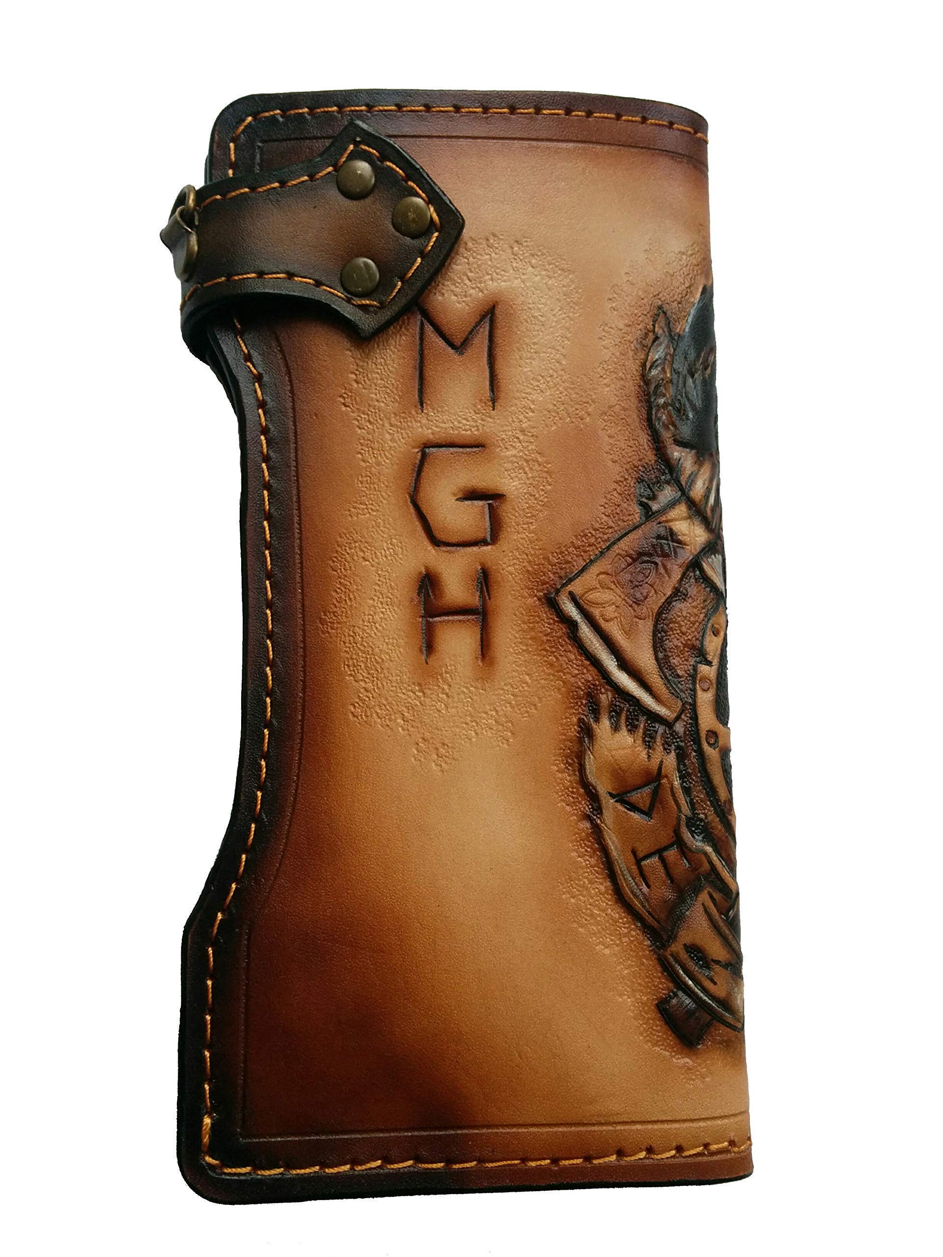 Handmade 3D Genuine Leather Biker Wallet for Men - Viking Skull & Crow Design with Rune Carvings - Custom Personalized Long Wallet for Motorcycle Enthusiasts & Gift Giving