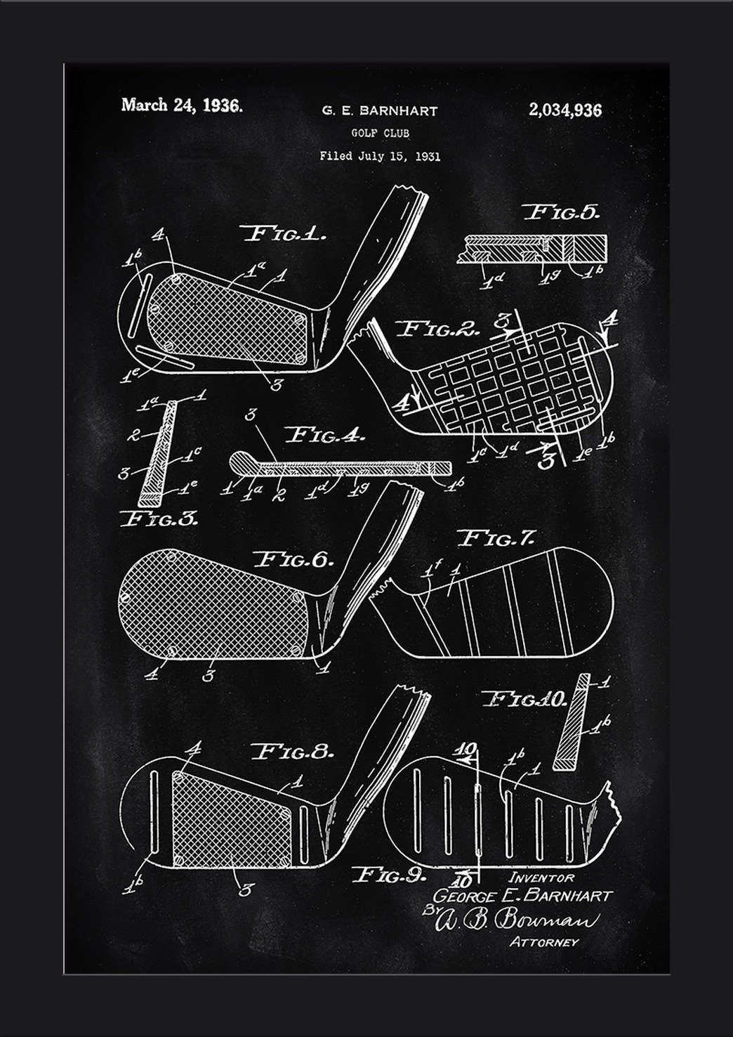 Blackboard Patent Golf Club Head Art Print - 12x18 Giclee Fine Art on Recycled Wood Frame - Vintage Golf Decor for Home, Office & Man Cave
