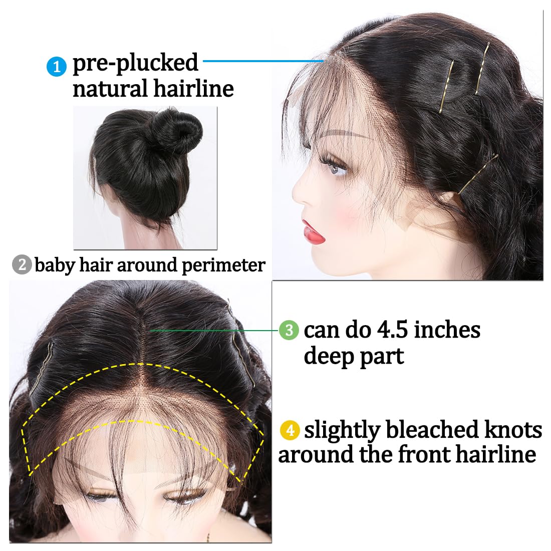 KUN 360 Lace Front Human Hair Wigs for Black Women - 12 Inch Body Wave Wig with Pre-Plucked Natural Hairline, Bleached Knots & Baby Hair | 150% Density Natural Color Human Hair Wigs for Daily Wear, Parties & Special Occasions