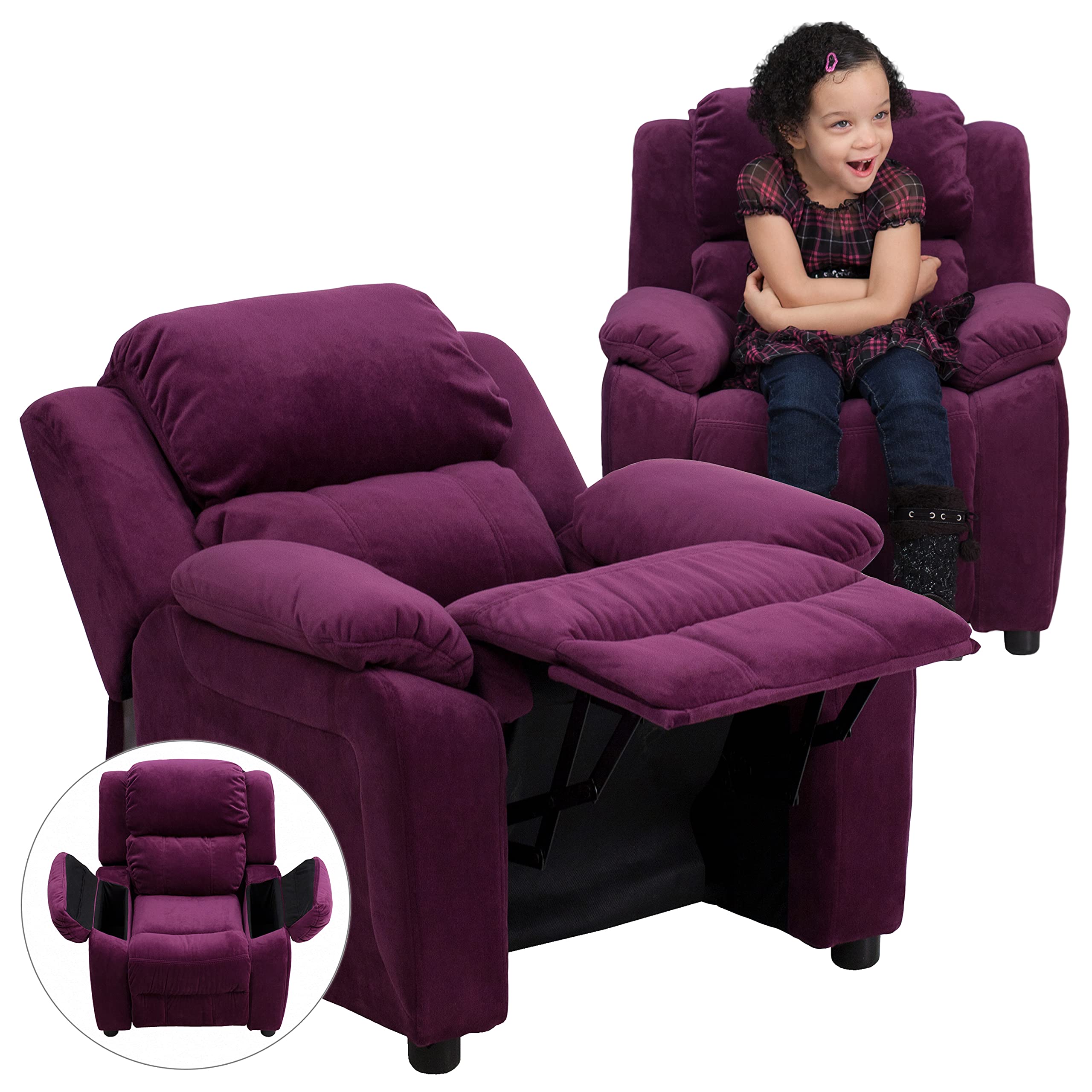 Emma & Oliver Deluxe Purple Microfiber Kids Recliner Chair with Storage Pockets - Soft Padded Armrests for Children's Room, Playroom or Bedroom - Perfect for Reading, Watching TV and Relaxing