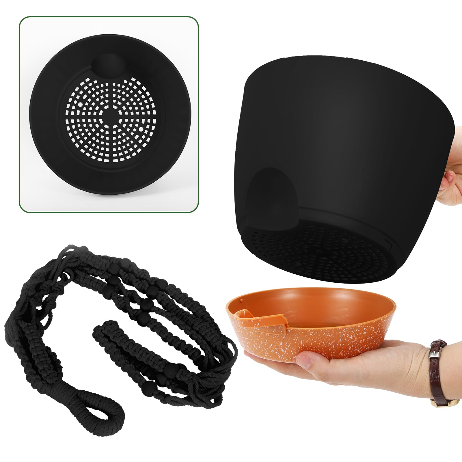 GARDIFE 8 Inch Self Watering Hanging Planters with Macrame Hanger - 2 Pack Large Indoor Outdoor Flower Pots with Drainage Hole & Basket - Perfect for Home Decor, Balcony, Garden, and Patio Plants (Black)