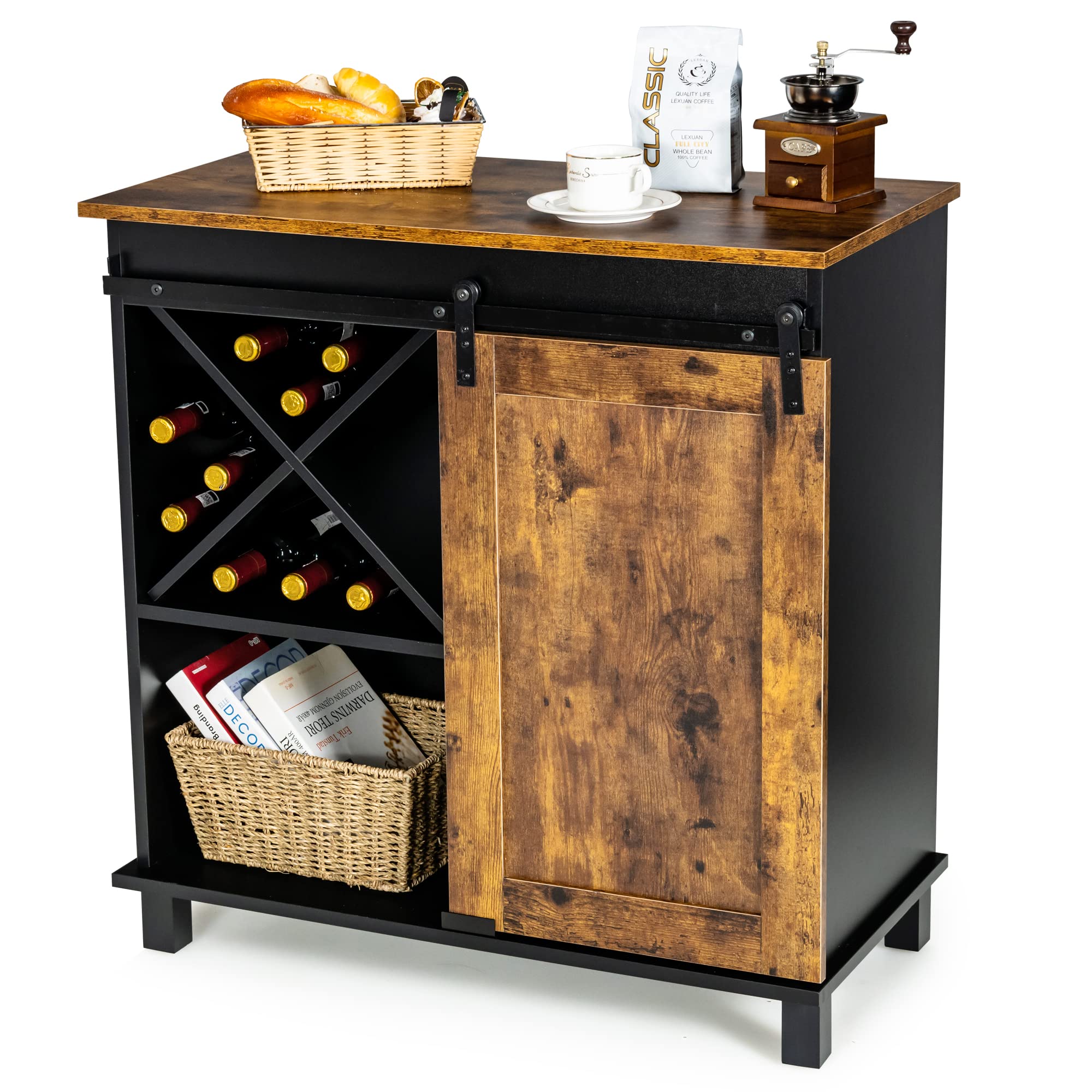 LOKO Industrial Wine Cabinet with Sliding Barn Door - Stylish Coffee Bar & Kitchen Sideboard Buffet Storage - 32 x 16 x 33 Inches - Perfect for Dining Room, Bar Corner & Home Decor