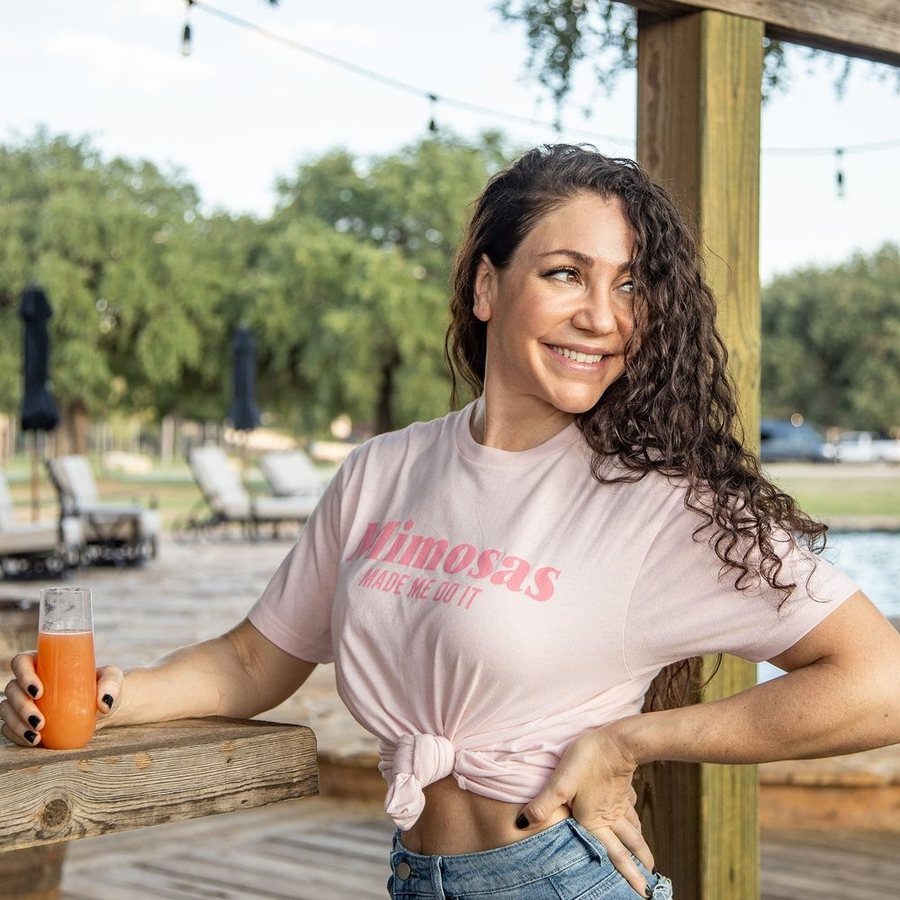 Women's 'Mimosas Made Me Do It' Boyfriend Fit T-Shirt - Light Pink | Casual Outfit, Brunch & Weekend Wear