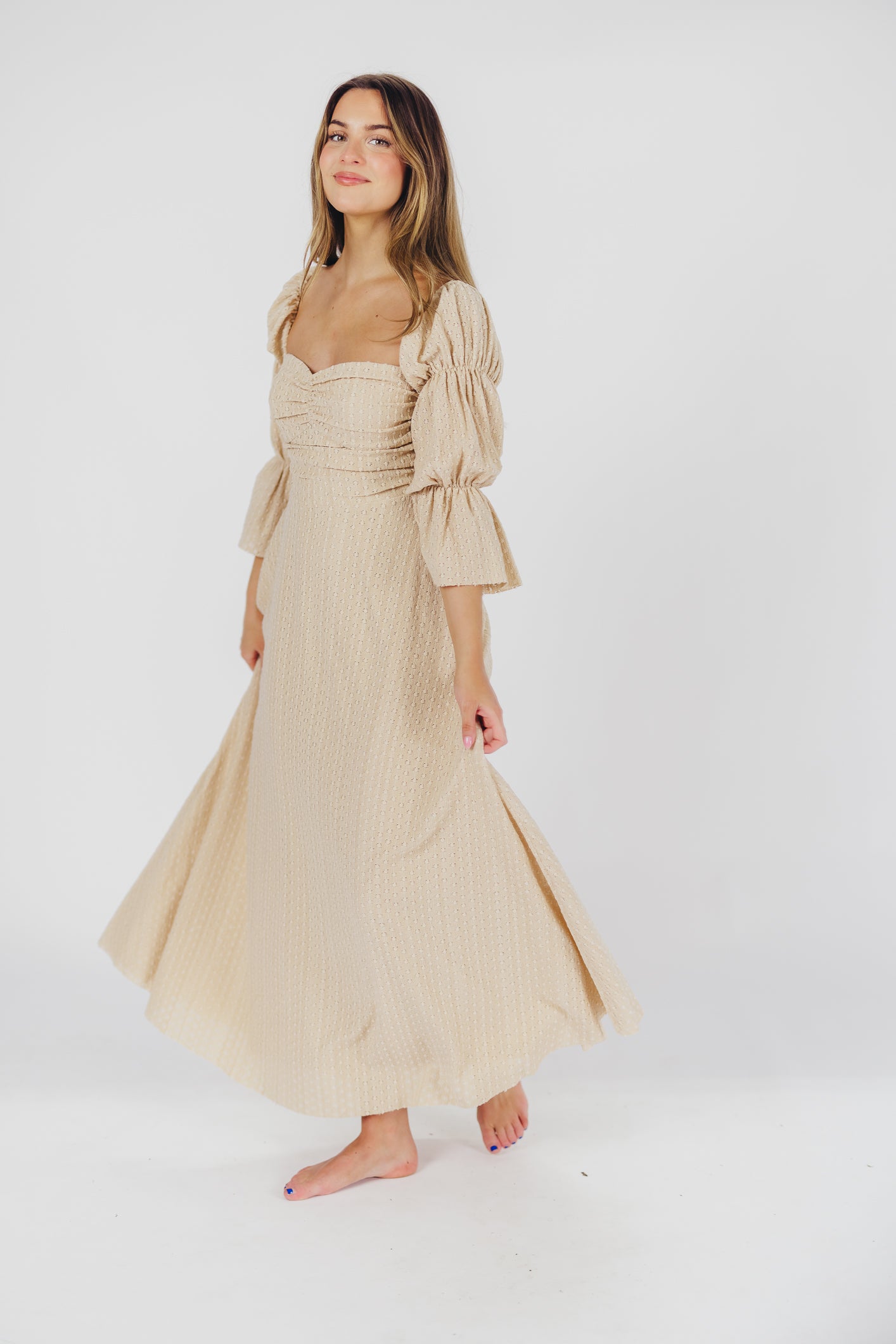 Corrine Tiered Sleeve Maxi Dress with Pockets - Bump Friendly Maternity Dress in Beige | Perfect for Pregnancy, Nursing, and Special Occasions