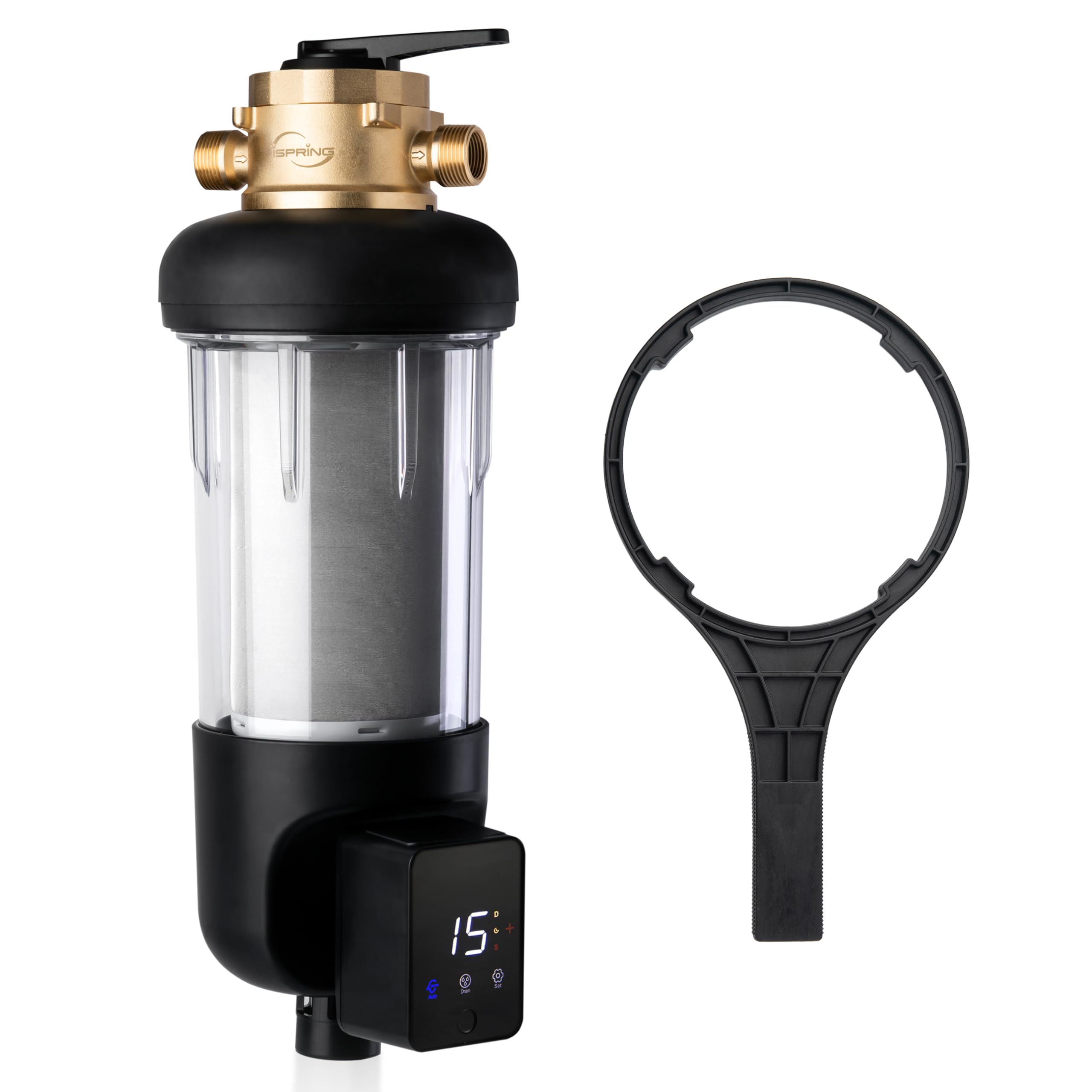 iSpring WSP50ARJ-BP NSF Certified Spin-Down Sediment Water Filter with Bypass - Upgraded Clear Housing, Jumbo Size, Flushable & Reusable - Touch-Screen Auto Flushing with 4 Modes (50 Microns) - Perfect for Whole House Water Filtration, Well Water Systems & Sediment Removal