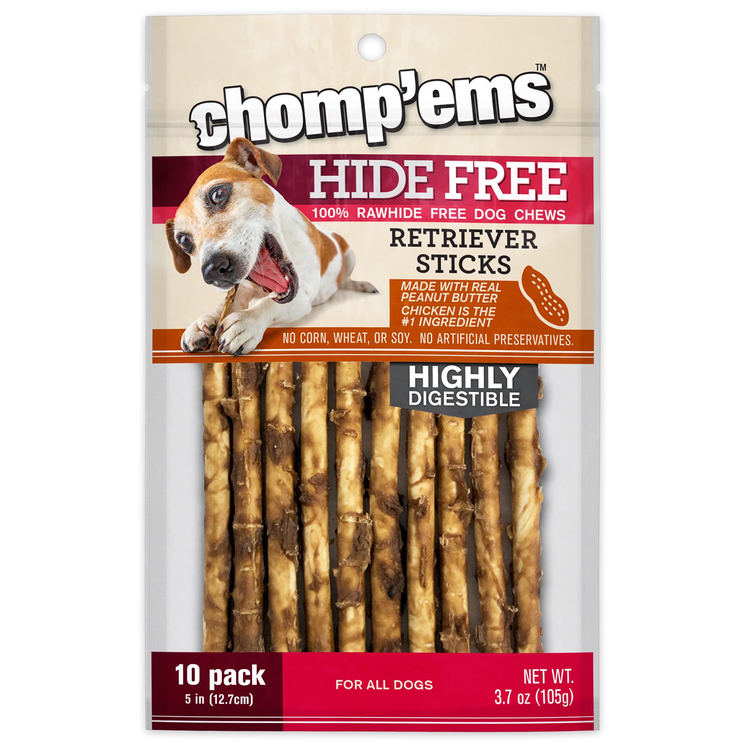 CHOMP 'EMS Chicken & Peanut Butter Dog Chews - Natural Rawhide-Free Treats for Puppies & Adult Dogs - 5 Inch Long-Lasting Chews (10 Count) - Perfect for Training, Teething Relief & Dental Health