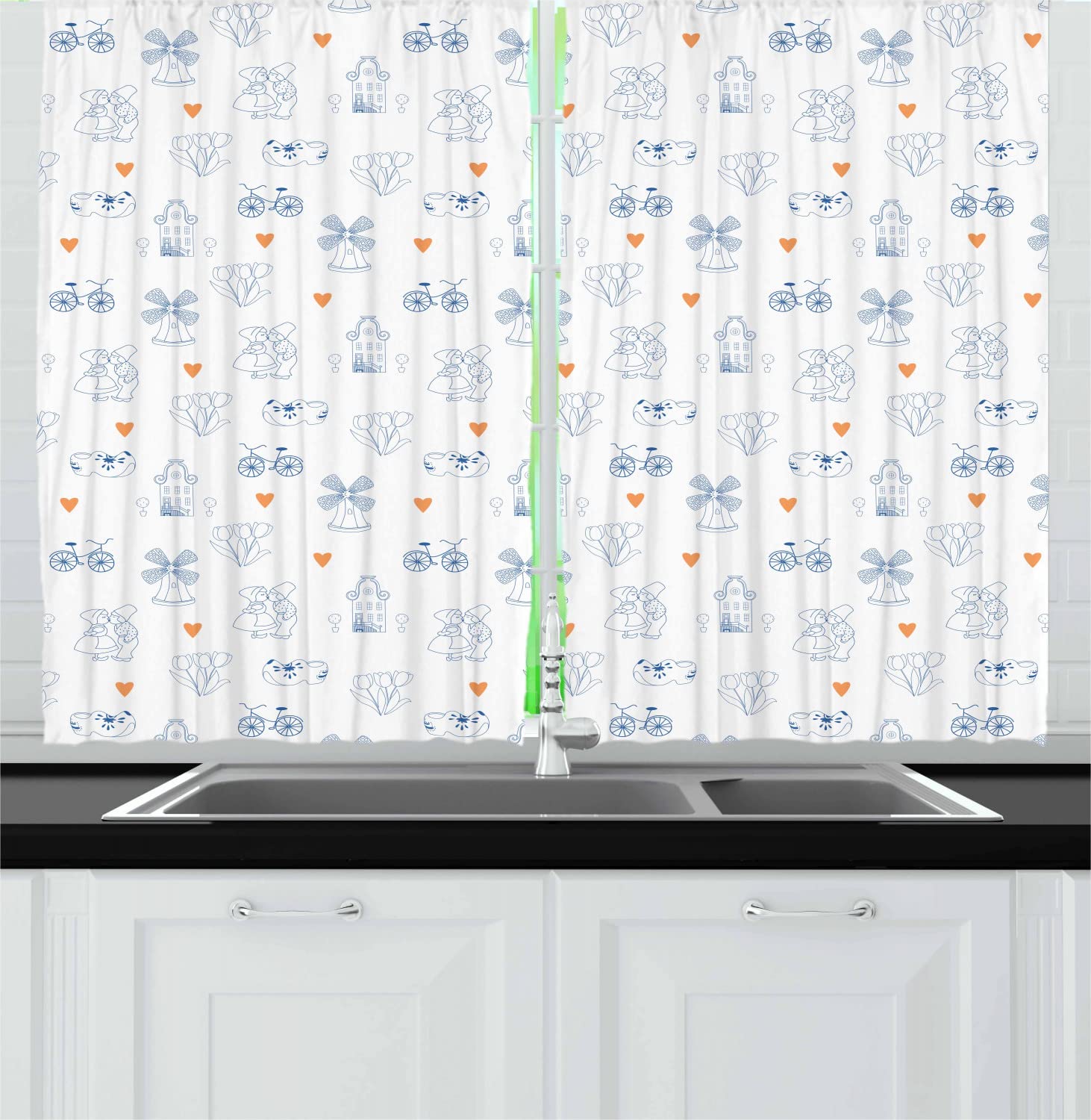 Ambesonne Dutch Long Kitchen Curtains - Traditional Holland Culture Design with Doodle Style Clogs & Bicycles - 2 Panel Rod Pocket Curtains for Kitchen & Dining Room Decor - 55 x 45 Inches - Orange Navy Blue White - Perfect for Farmhouse, Cottage & Dutch Themed Home Decor