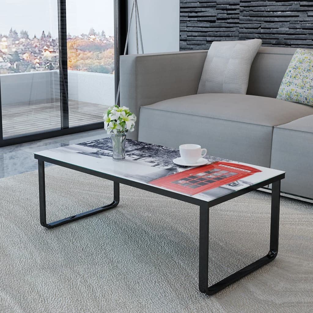 Modern Square Coffee Table with Telephone Booth Print Glass Top - Stylish Living Room & Bedroom Side Table, Center Table for Home Decor | Perfect for Small Spaces, Apartments & Cozy Living Rooms