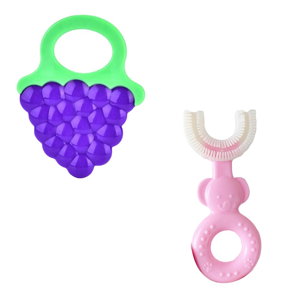 Joy Buzz Fruits Teether & U Shape Toothbrush - BPA-Free Silicone Baby Teething Toy & Toothbrush for Infants 6+ Months | Soft, Safe Oral Care for Teething Relief | Perfect for Home, Travel & Daycare (Blue Grapes & Pink)