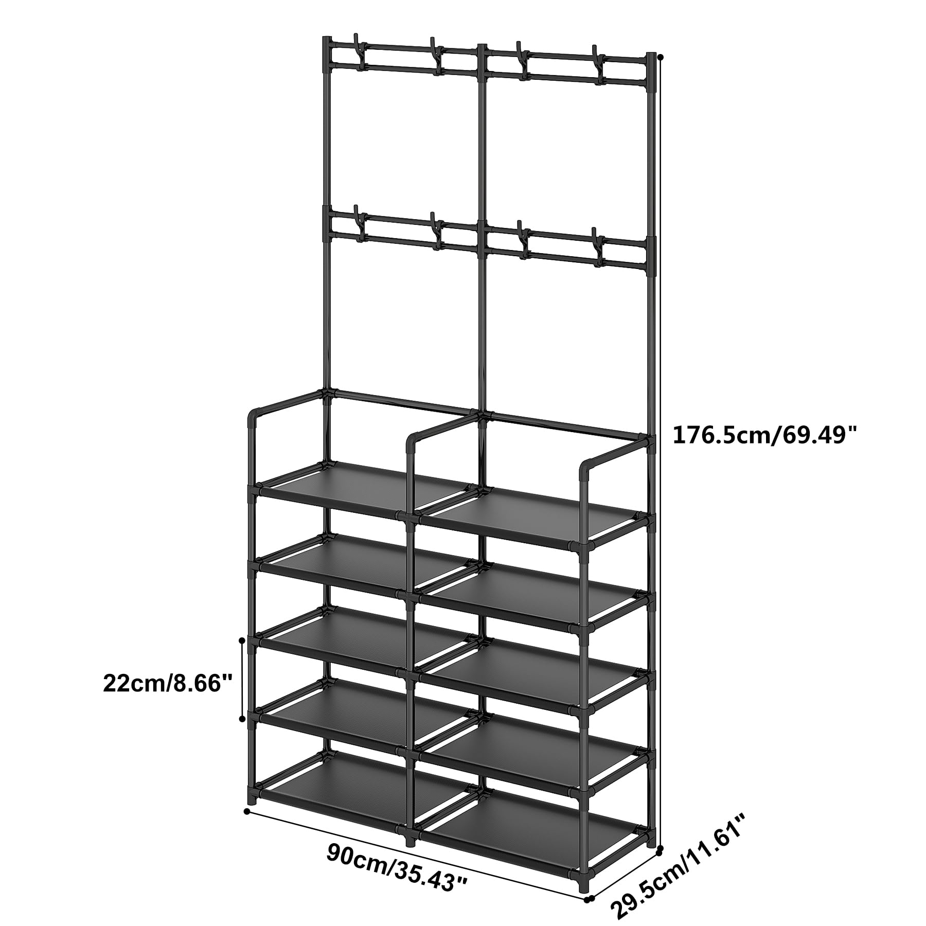 UDEAR 5-Tier Coat Rack with 8 Hooks & Shoe Organizer - Space Saving Entryway Storage Solution for Jackets, Shoes, Bags - Perfect for Living Room, Bedroom, Office, Hallway - Black