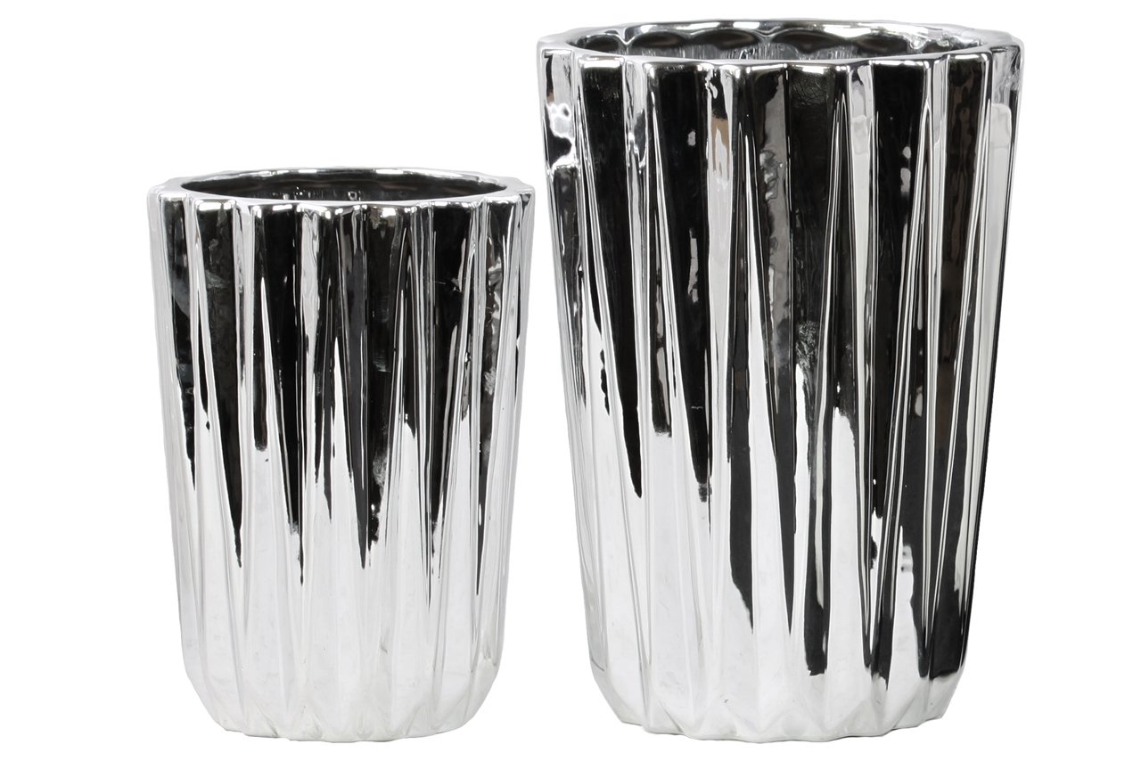 Elegant Porcelain Tapered Flower Vase Set of 2 - Corrugated Design, Polished Chrome Silver Finish - Perfect for Home Decor, Wedding Centerpieces & Tabletop Arrangements