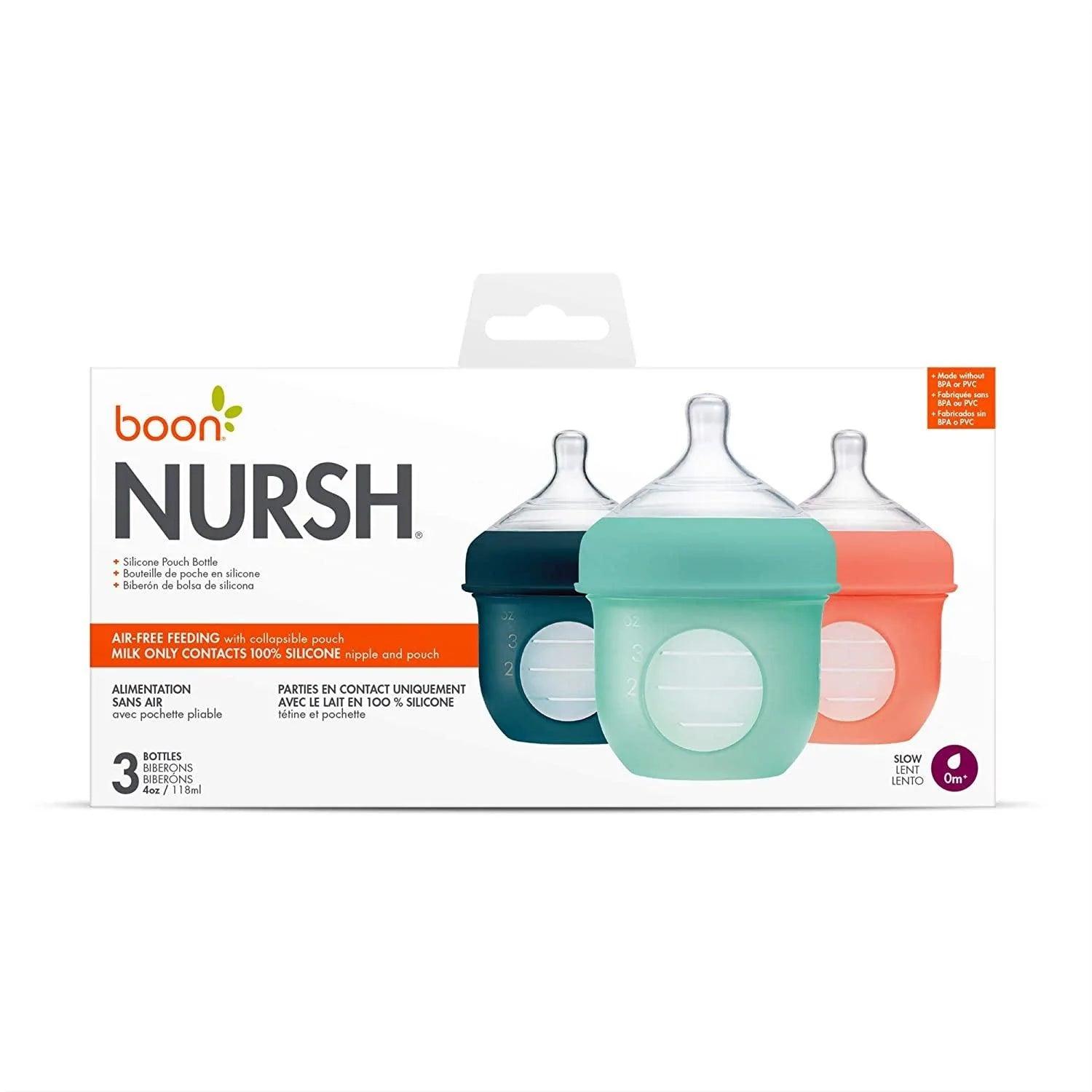 Boon Nursh Silicone Baby Pouch Bottle 4oz/120ml (3-Pack) - Leak-Proof & BPA-Free for Breastmilk, Formula & Purees - Perfect for Travel, Daycare & On-the-Go Feeding