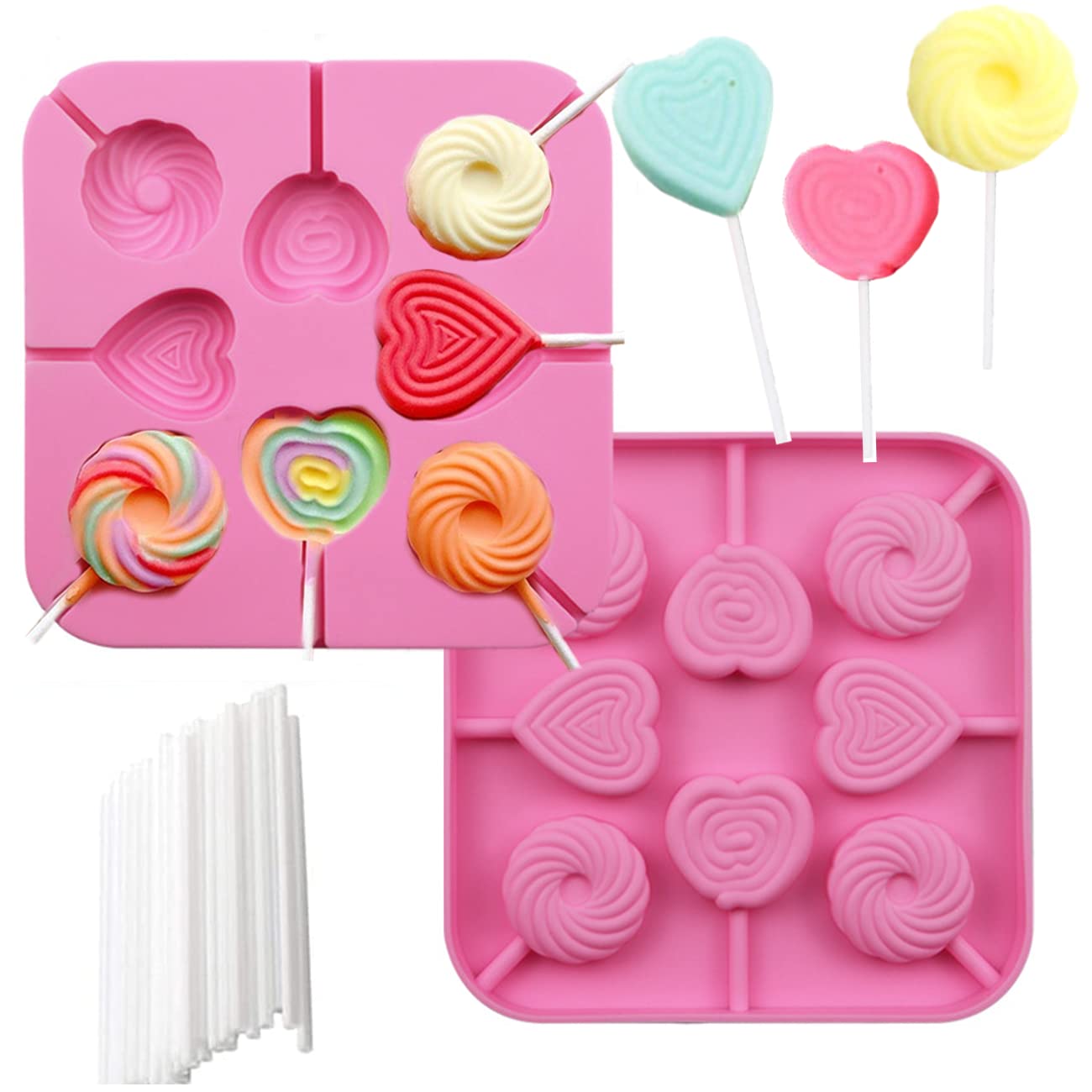 2Pcs Heart-Shaped Silicone Lollipop Molds - 8 Cavity Food Grade Chocolate & Hard Candy Molds with 40 Lollipop Sticks - Perfect for Valentine's Day, Birthday Parties, and DIY Candy Making