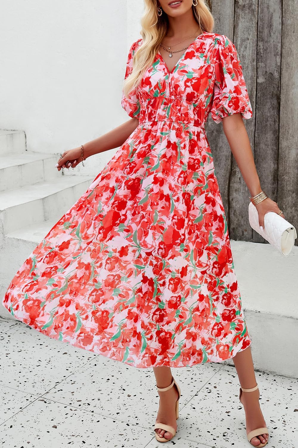 Floral Wrap V-Neck Midi Dress for Women - Short Sleeve Elastic Waist Flowy Summer Dress - Casual Spring & Summer Outfits for Beach, Wedding & Vacation 2025