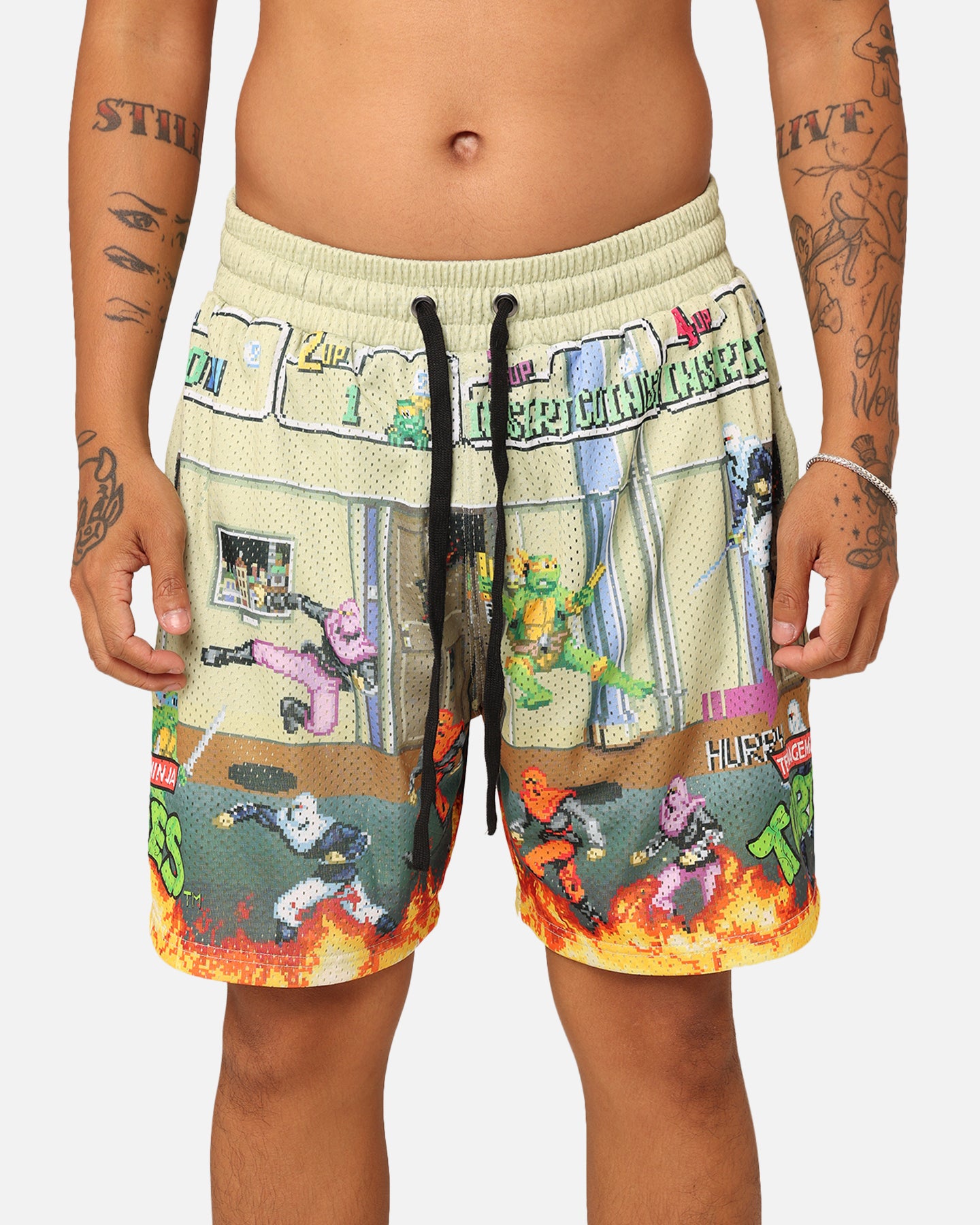 American Thrift X Teenage Mutant Ninja Turtles Arcade Retro Mesh Shorts - Tan/Multi Color - Casual Streetwear & 90s Nostalgia Fashion for Men
