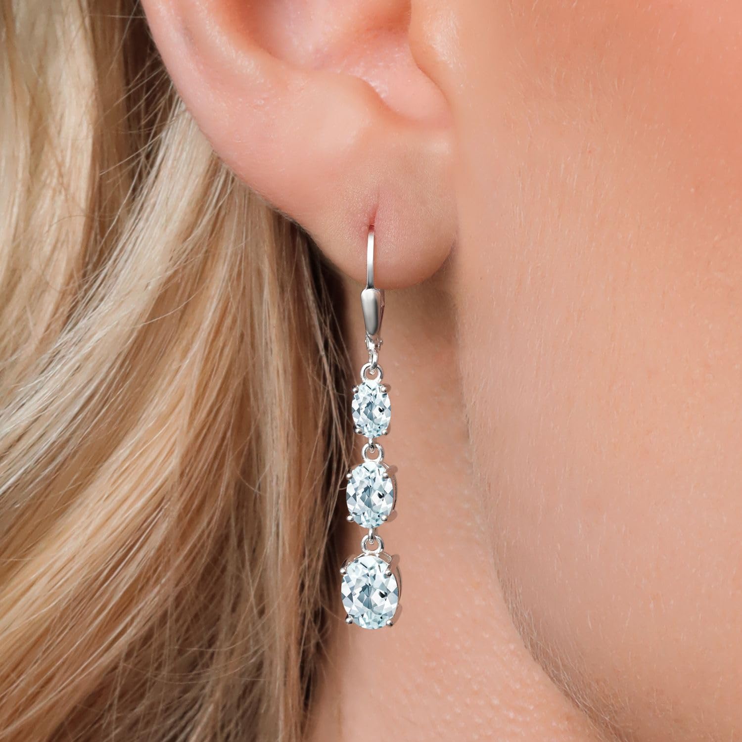 Gem Stone King 3-Stone Leverback Drop Dangle Earrings for Women - 925 Sterling Silver Birthstone Jewelry | Oval 8x6mm, 7x5mm & 6x4mm Gemstones | Elegant Gift for Mom, Wife, Her | Perfect for Weddings, Anniversaries & Special Occasions
