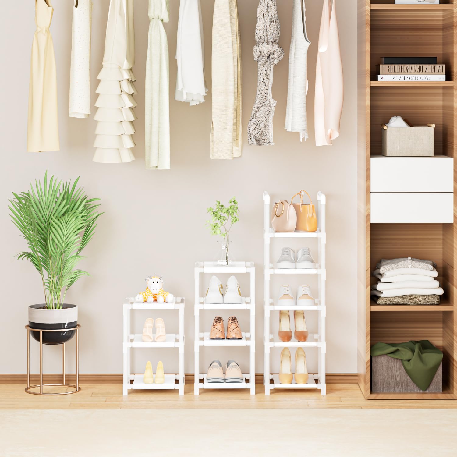 10-Tier Narrow Shoe Organizer for Closet - Tall Vertical Shoe Rack Holds 10-15 Pairs, Space-Saving Metal Shelf with 5 Hooks for Small Spaces - Perfect for Bedroom, Entryway, or Closet Organization