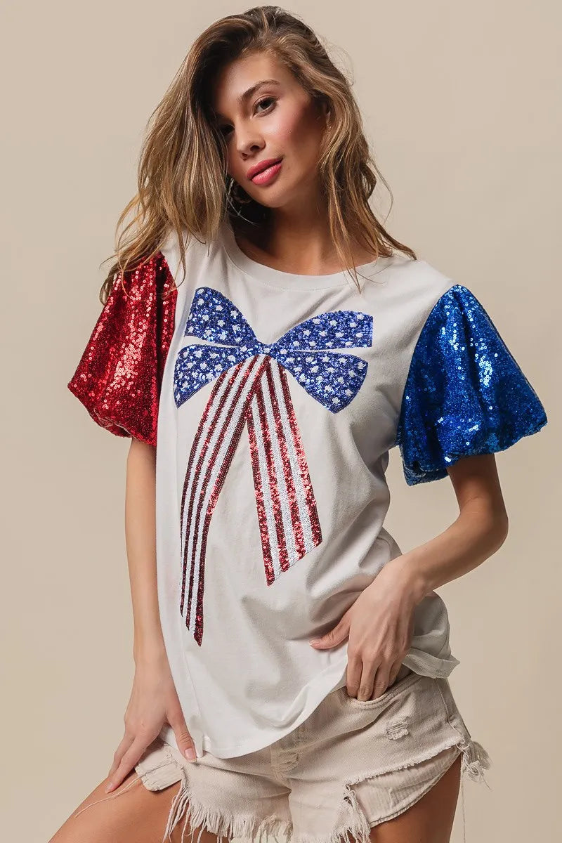 BiBi Sequin American Flag Bow Top - Patriotic Glamour for Women | Perfect for 4th of July, Independence Day & USA Themed Parties