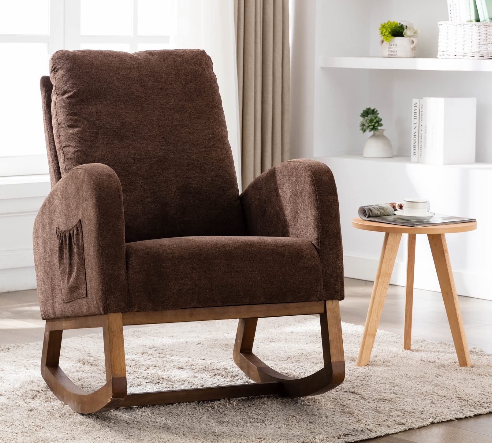 Tufted Upholstered Rocking Chair with Fabric Padded Seat & Solid Wood Base - Comfortable Rocker Armchair for Office, Living Room & Bedroom - Perfect for Relaxing, Reading & Nursing (Coffee Color)