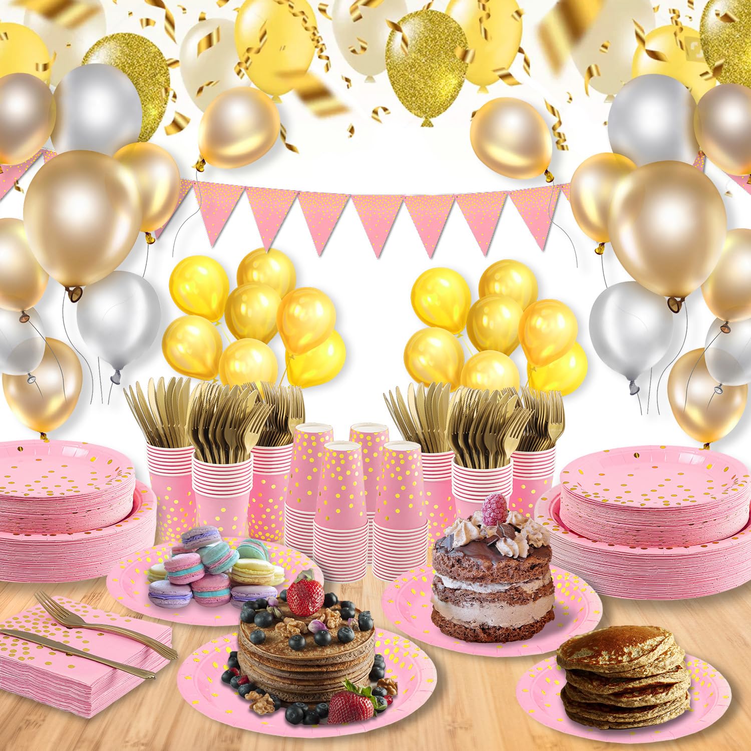 Elegant Pink & Gold Party Supplies Set - 150PCS Golden Dot Paper Dinnerware Includes Plates, Napkins, Cutlery & 12oz Cups with Banner - Perfect for Bachelorette Parties, Girls Birthday Celebrations & Baby Showers (Serves 25 Guests) - Ideal for Bridal Showers, Gender Reveals & Elegant Themed Events