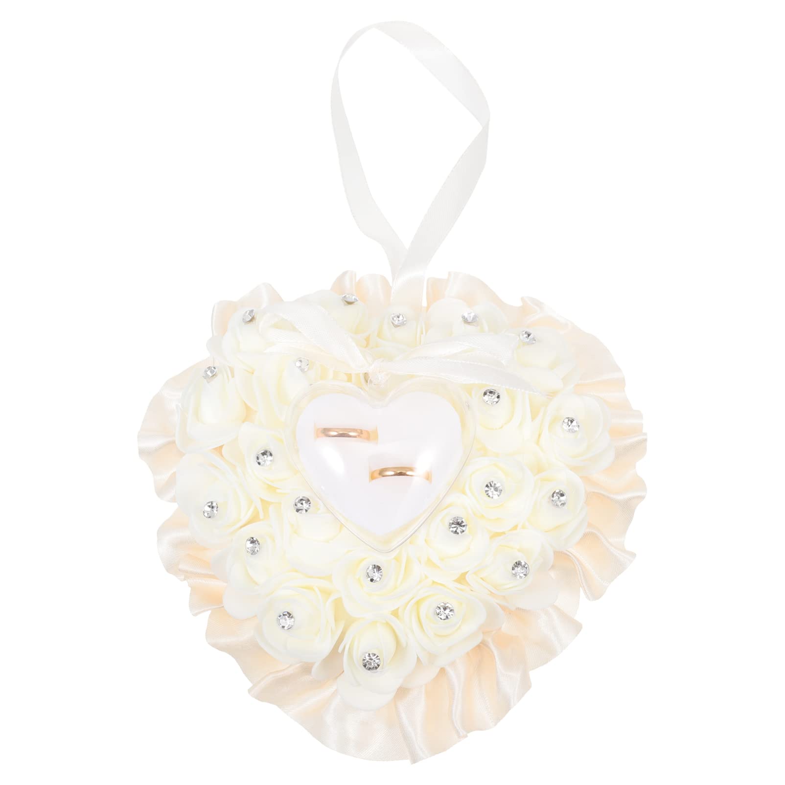 Elegant Rose Ring Pillow with Lace & Crystal - Heart-Shaped Wedding Ring Box Cushion for Ring Bearer - Perfect for Wedding Ceremony, Proposal & Bridal Jewelry Gift - Beige Romantic Wedding Accessory