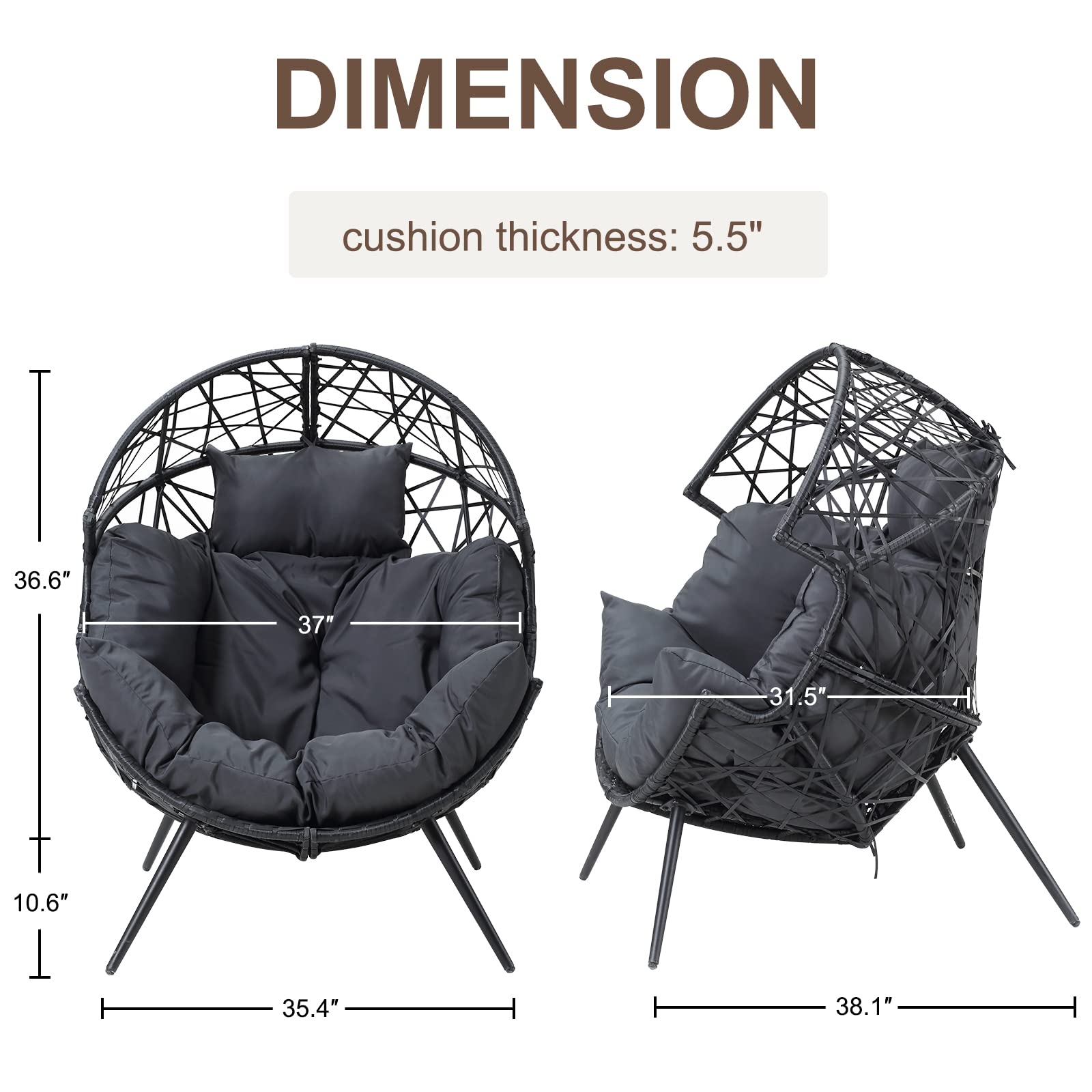 Outdoor & Indoor Egg Chair - Wicker Basket Lounger with Cushion & Stand - Dark Gray - Perfect for Living Room, Patio, Backyard, and Garden Relaxation