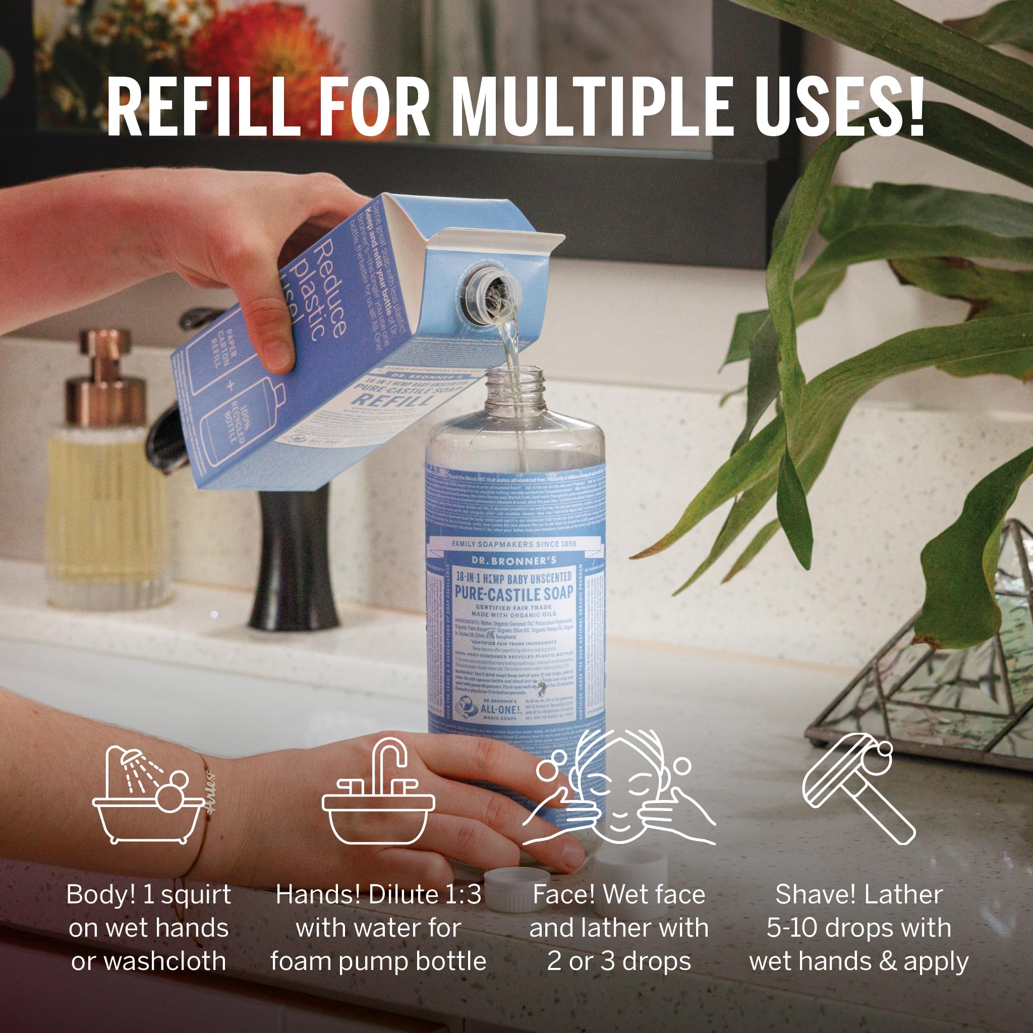 Dr. Bronner's Pure-Castile Liquid Soap Refill - Organic Certified, 82% Less Plastic - 18-in-1 Multipurpose Soap for Face, Body, Hands & Baby Care - Unscented, 32oz - Perfect for Home, Travel & Eco-Friendly Living