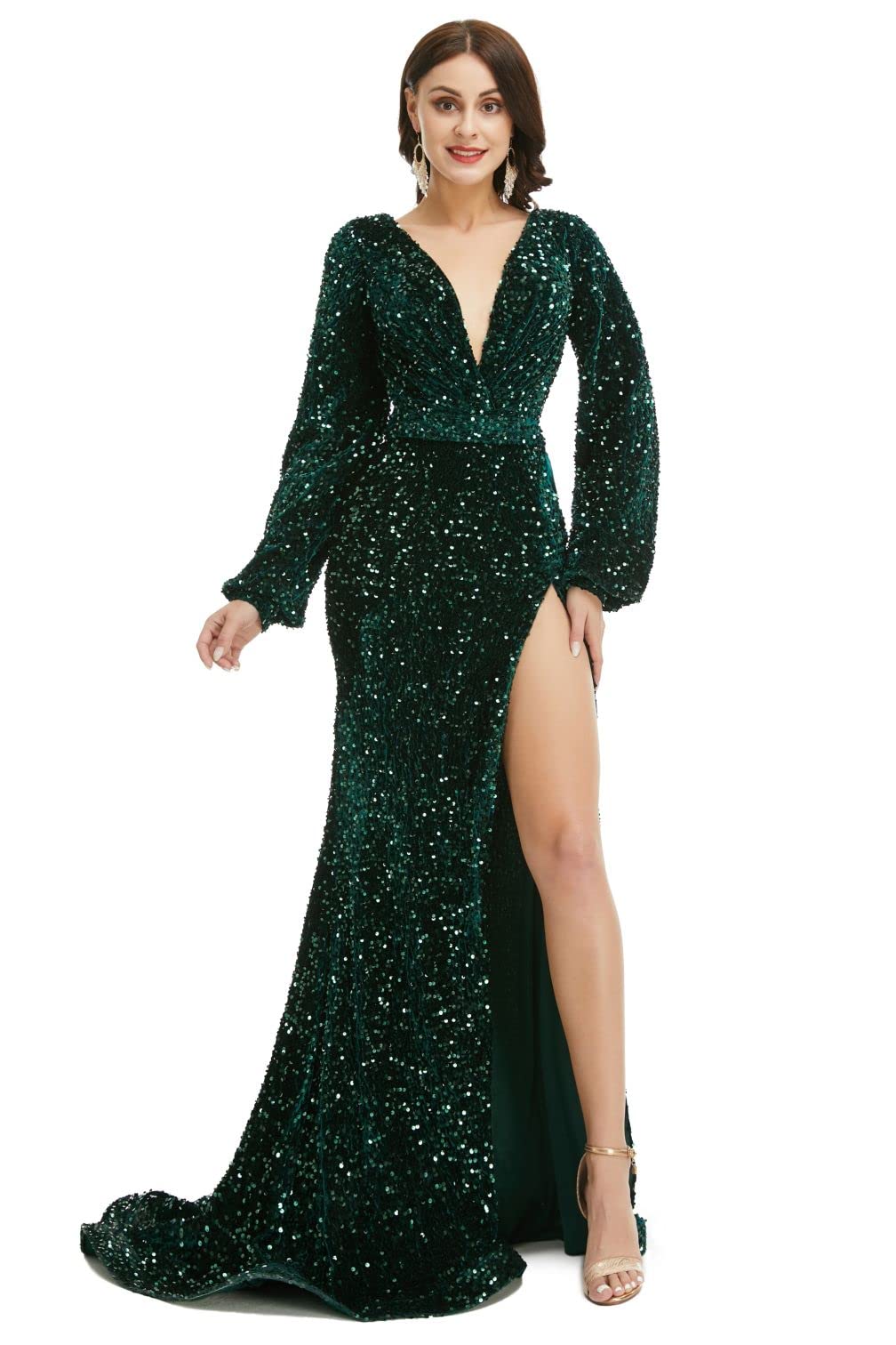 Elegant Dark Green Sequin V-Neck Evening Dress with Long Sleeves & Side Slit - Formal Party Gown for Cocktail Events, Prom, Wedding Guest & Special Occasions