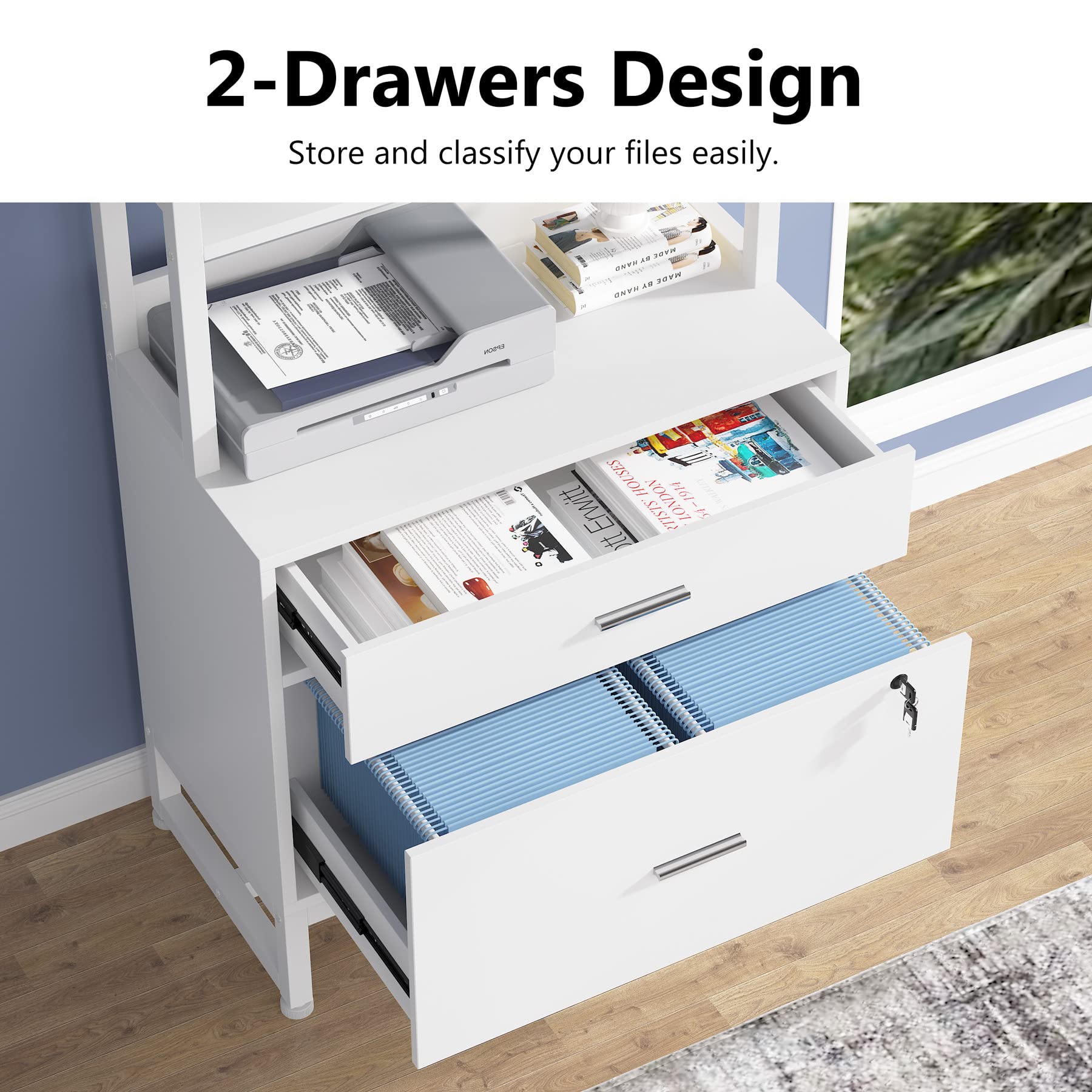 Tribesigns 2-Drawer Locking File Cabinet with Bookshelf - Letter Size Vertical Filing Cabinet, Modern Office Storage with Open Shelves for Printer & Supplies - Perfect for Home Office Organization (White)