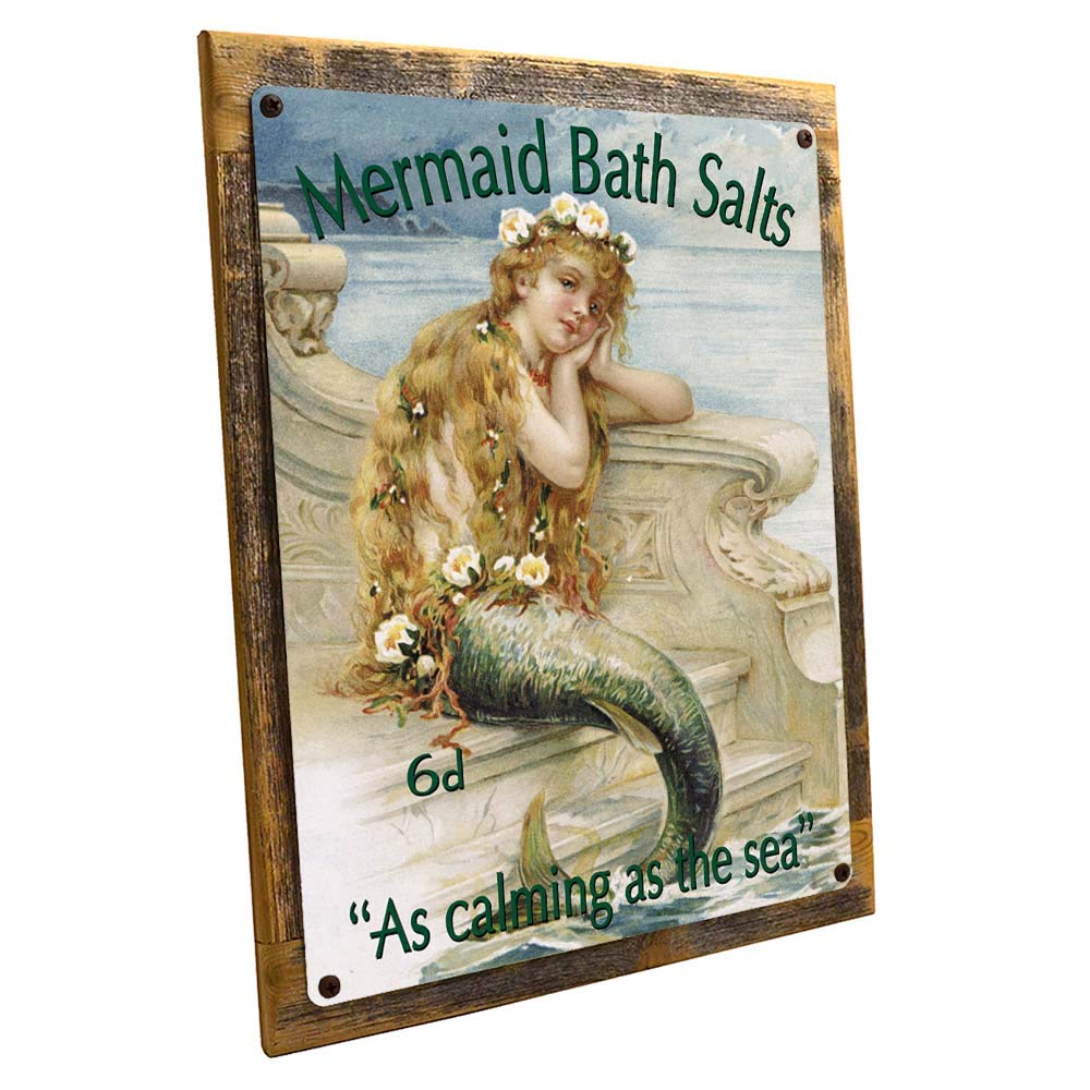 Vintage Mermaid Bath Salts Metal Sign - Rustic Wood Framed Wall Art for Bathroom & Home Decor | Perfect for Beach House, Spa Room or Coastal Themed Interior Design