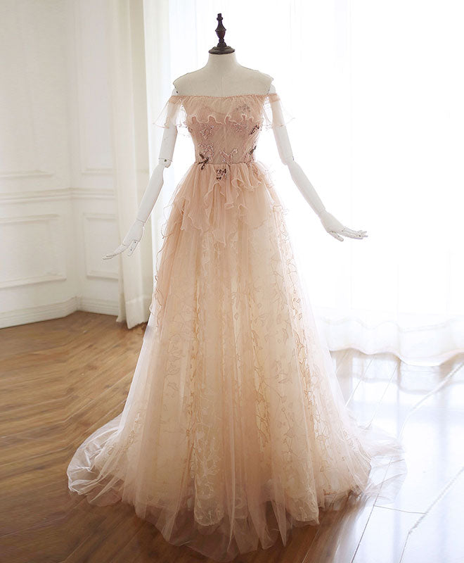 Elegant Champagne Tulle Lace Long Prom Dress & Evening Gown - Perfect for Homecoming, Wedding Guest, and Formal Events