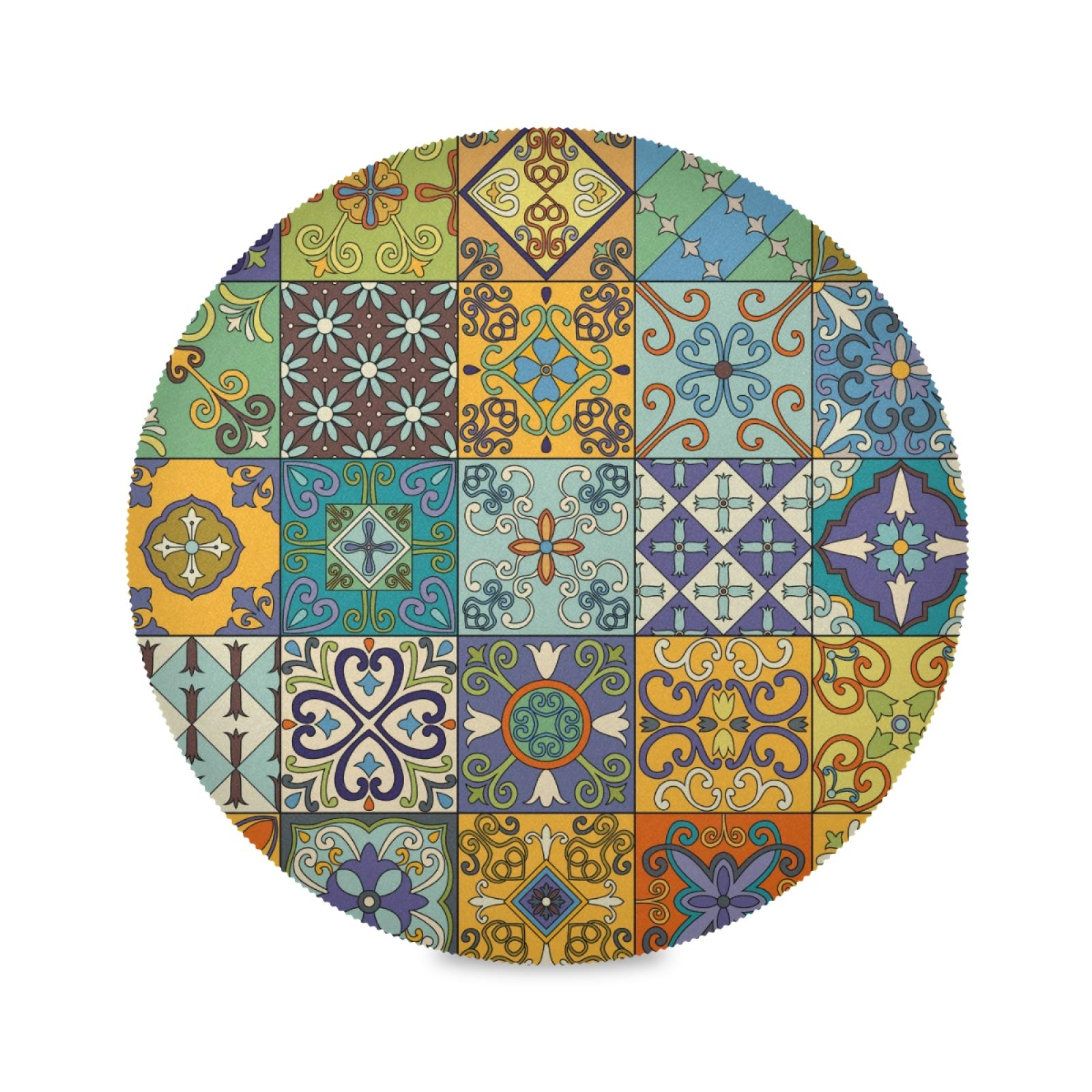 Qilmy Mexican Talavera Round Placemats Set of 4 - Durable Non-Slip Table Mats, Heat & Stain Resistant for Kitchen, Dining Table Decor, Outdoor BBQ & Party Use - Colorful Hand-Painted Ceramic Coasters