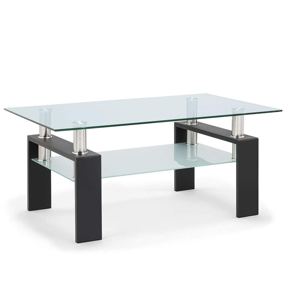 Ammy 39.4 Inch Modern Rectangle Glass Coffee Table - Black Clear Tempered Glass Center Table for Living Room, Perfect for Small Spaces, TV Lounges & Contemporary Home Decor