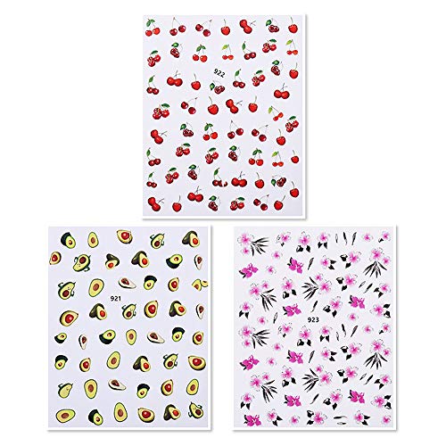 3 Pcs Exquisite Nail Art Stickers - Fashion Avocado & Cherry Blossom Design, Self-Adhesive Nail Decals for DIY Manicure, Perfect for Parties, Weddings & Everyday Nail Decor