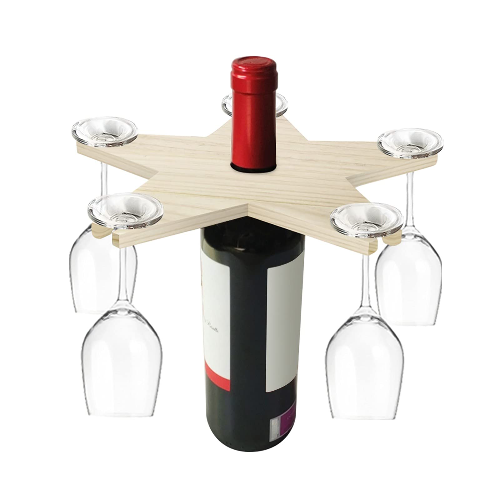 Premium Solid Wood Wine Bottle & Glass Holder - 5 Glass Drying Rack with 1 Bottle Storage - Natural Wood Wine Rack for Kitchen, Bar, Wine Cellar - Perfect for Indoor & Outdoor Entertaining, Dinner Parties, and Home Decor