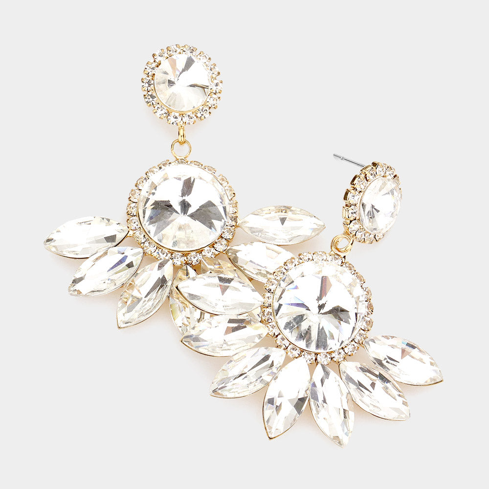 Elegant Clear Round Centered Marquise Stone Cluster Dangle Earrings in Gold | Pageant Jewelry for Women | Perfect for Weddings, Prom & Special Occasions