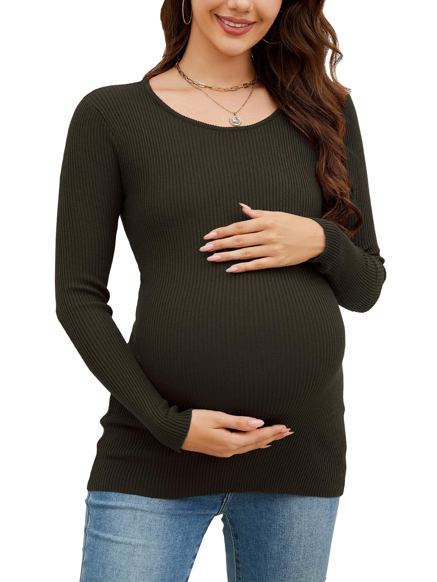 Comfortable Maternity Shirts - Ribbed Knit Long Sleeve Crewneck Pregnancy Tunic Tops for Women | Soft & Stretchy Casual Maternity Clothes | Perfect for Work, Daily Wear & Pregnancy Photos