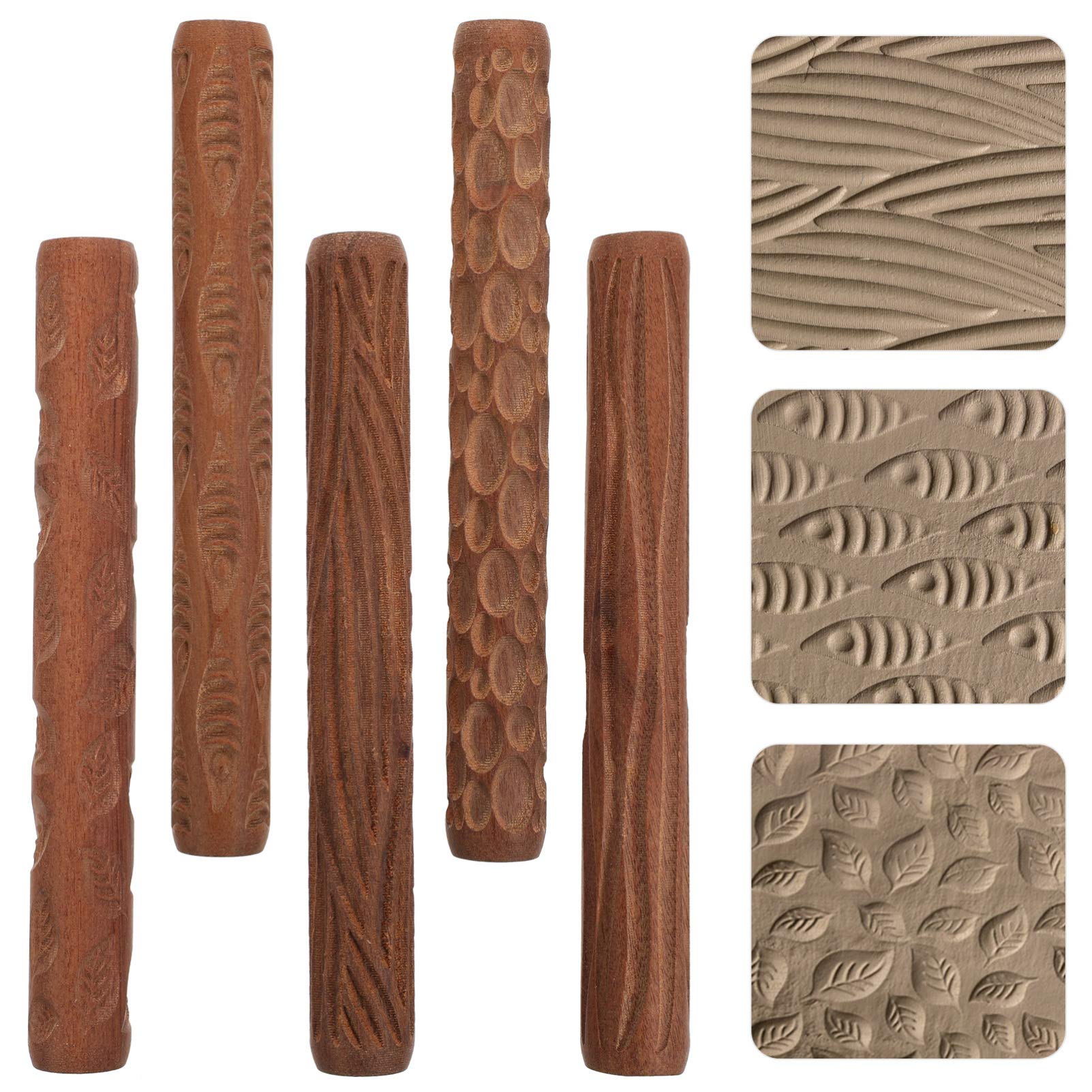 Happyyami 5-Piece Pottery Clay Rolling Tools Set with Wooden Handles & Textured Pattern Rollers - Perfect for Clay Sculpting, Ceramic Arts, and DIY Craft Projects on Clay Boards