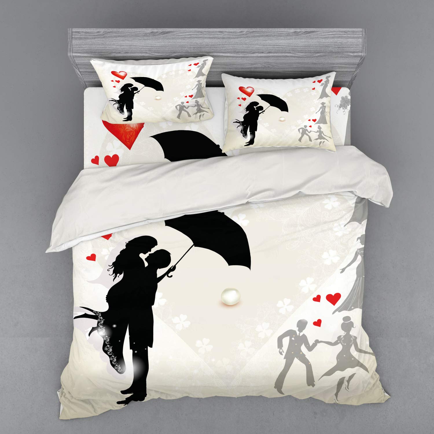 Ambesonne Romantic Wedding Bedding Set - King Size 4-Piece Duvet Cover with Shams & Fitted Sheet - Red Hearts & Daisies Design for Couples - Perfect for Anniversary, Honeymoon & Valentine's Day Gift
