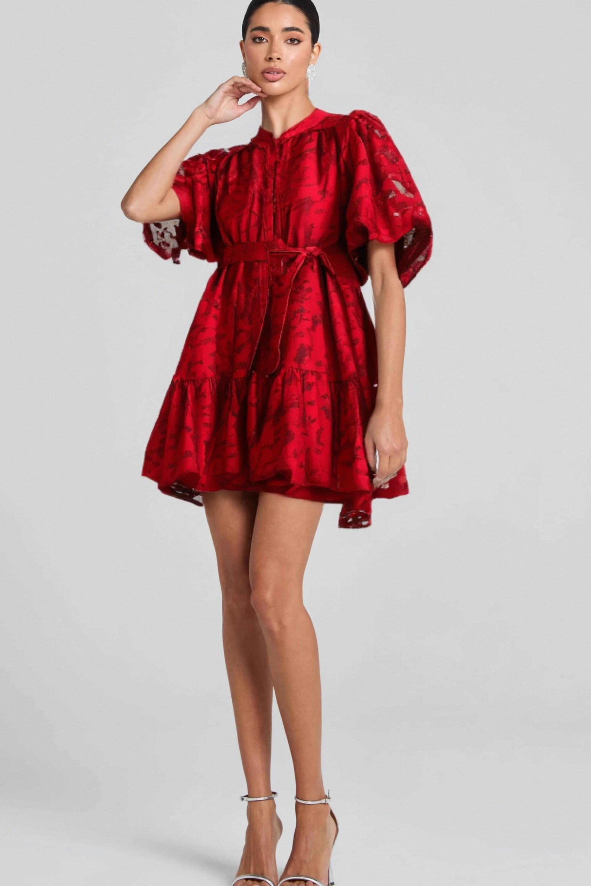 Athena's Red Jacquard Semi-Sheer Mini Dress - Sexy Party & Date Night Outfit for Women